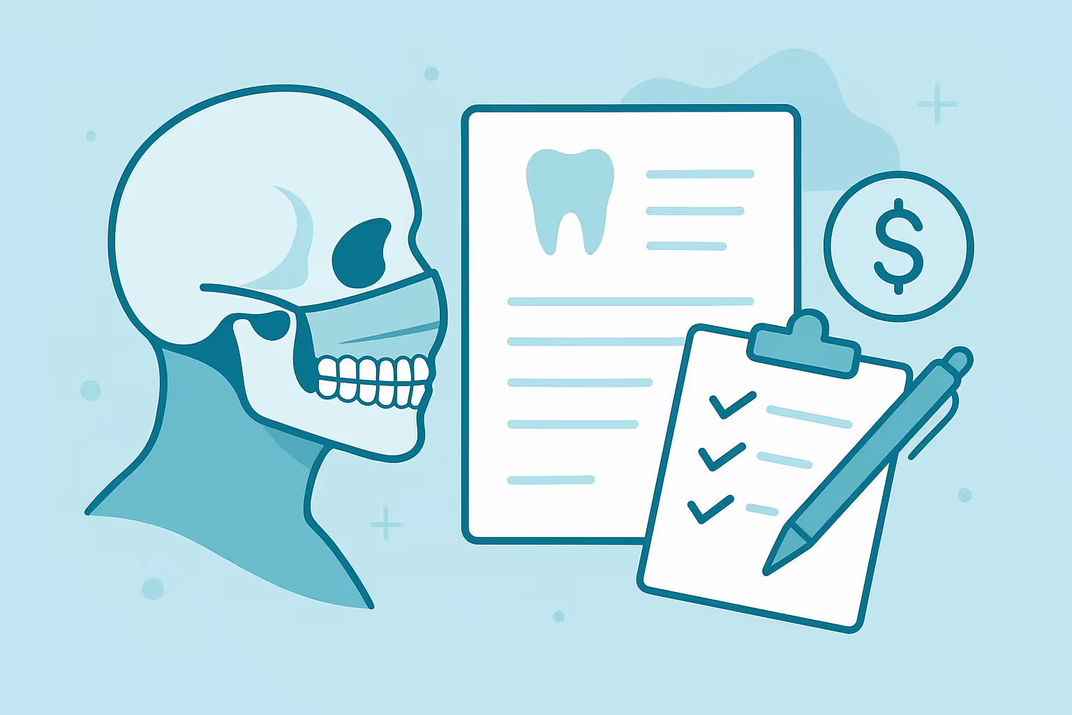 Side view of teal colored human skull wearing a surgical mask next to a dental form showing a tooth icon and lines of text beside a clipboard with checkmarks a pen and a dollar sign symbol