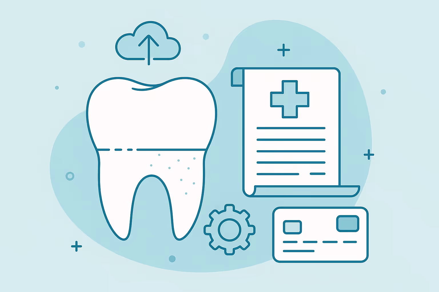 stylized white tooth icon with dotted lower half beside a medical form with cross symbol a gear icon and a credit card outline under a cloud upload icon on a light teal background