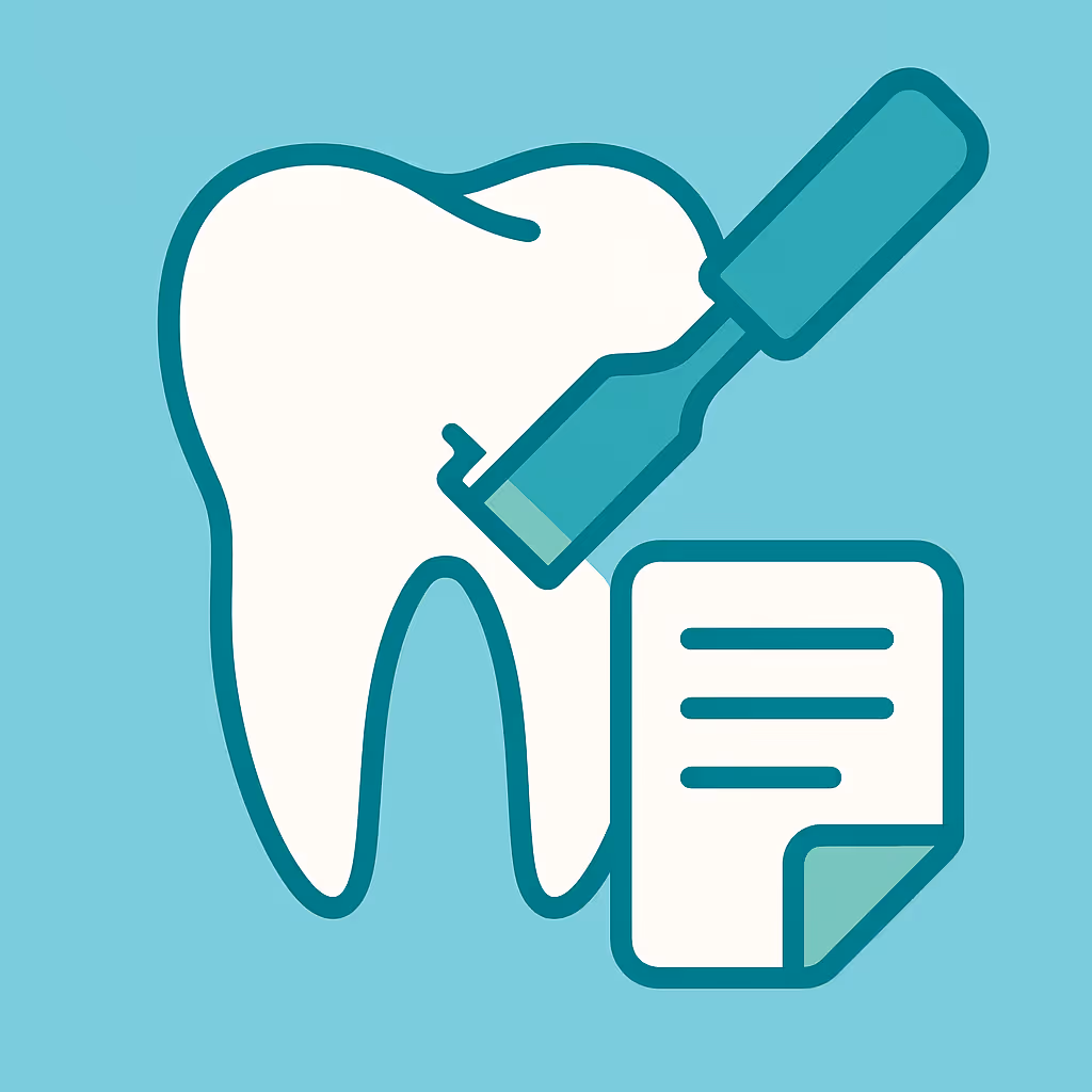 Illustration of a white tooth a teal dental instrument scraping the tooth surface and a sheet of paper with three text lines representing dental documentation