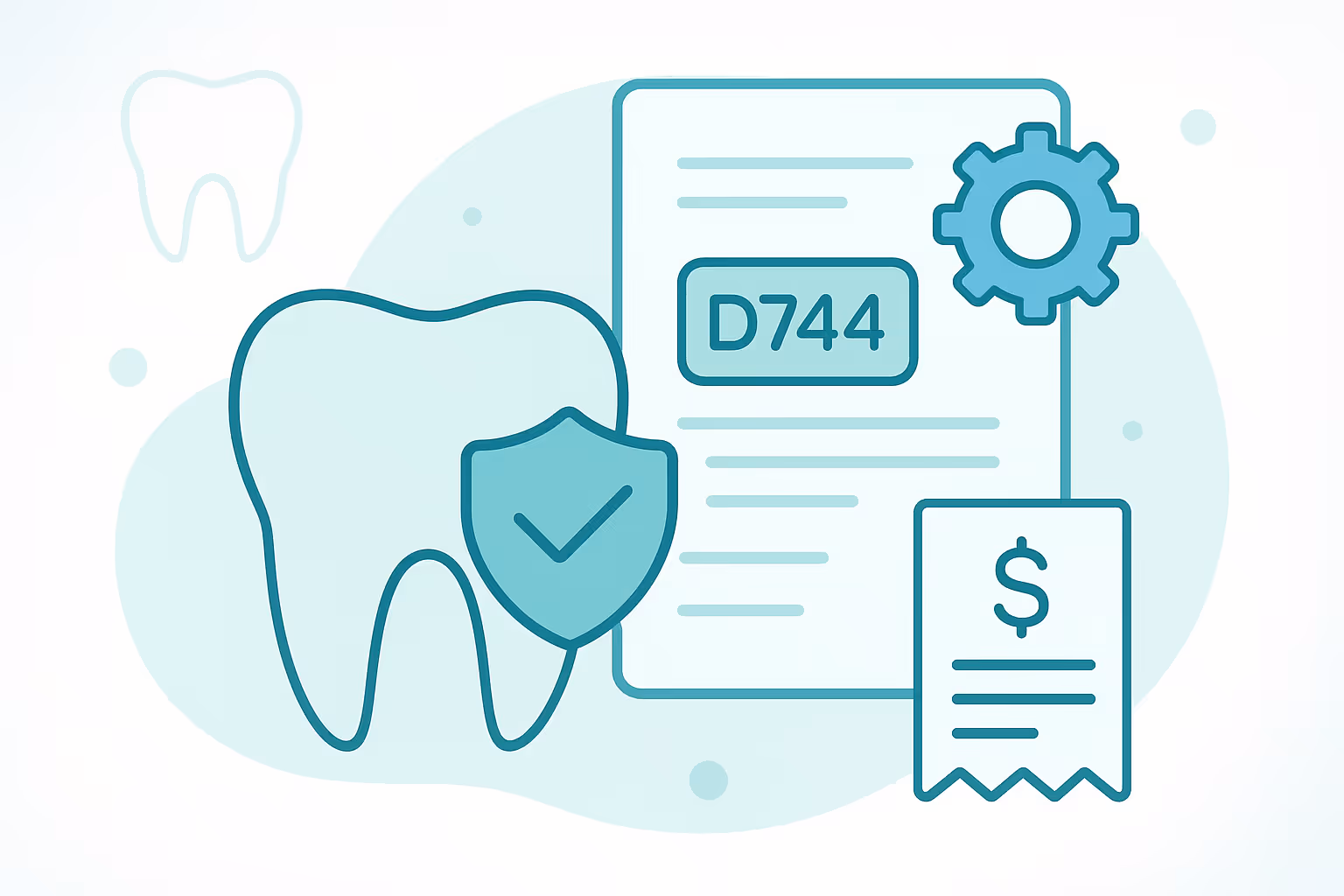 silhouette of a large tooth with a shield and checkmark beside a form displaying D744 a gear icon and a receipt with a dollar sign