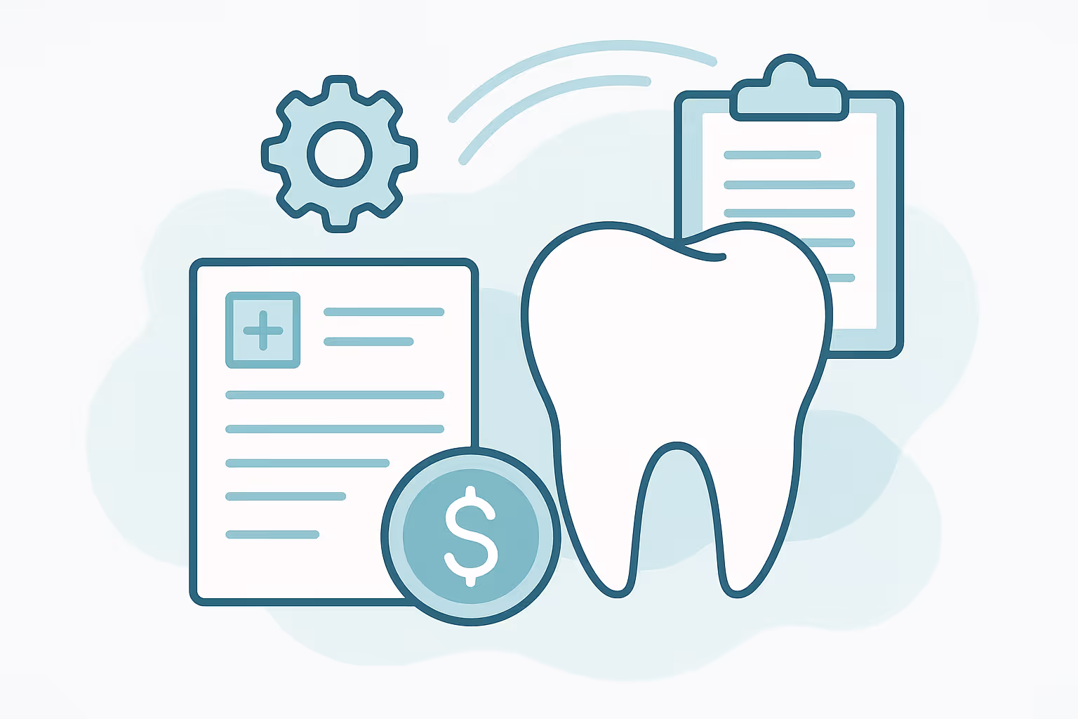 Illustration of a large tooth silhouette next to a medical form and a clipboard with a gear icon above and a dollar sign coin in the foreground representing dental billing and insurance