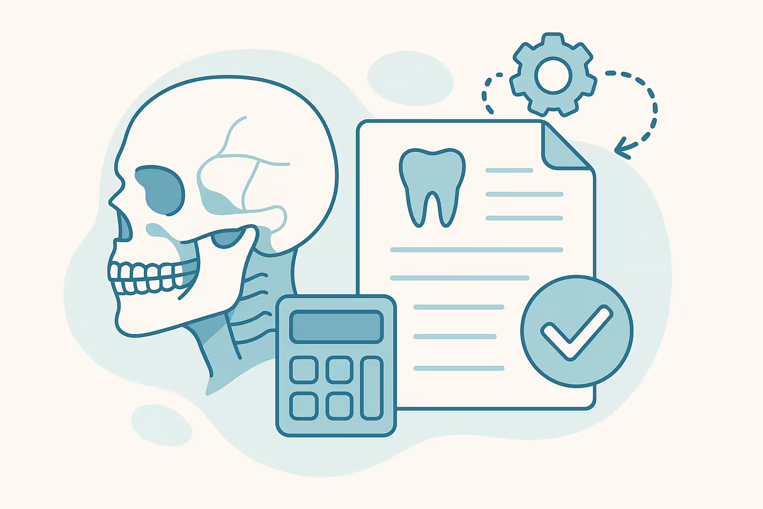 Stylized side view of a human skull next to a calculator and a dental insurance document with a tooth icon and a gear symbol and a checkmark representing approved coverage