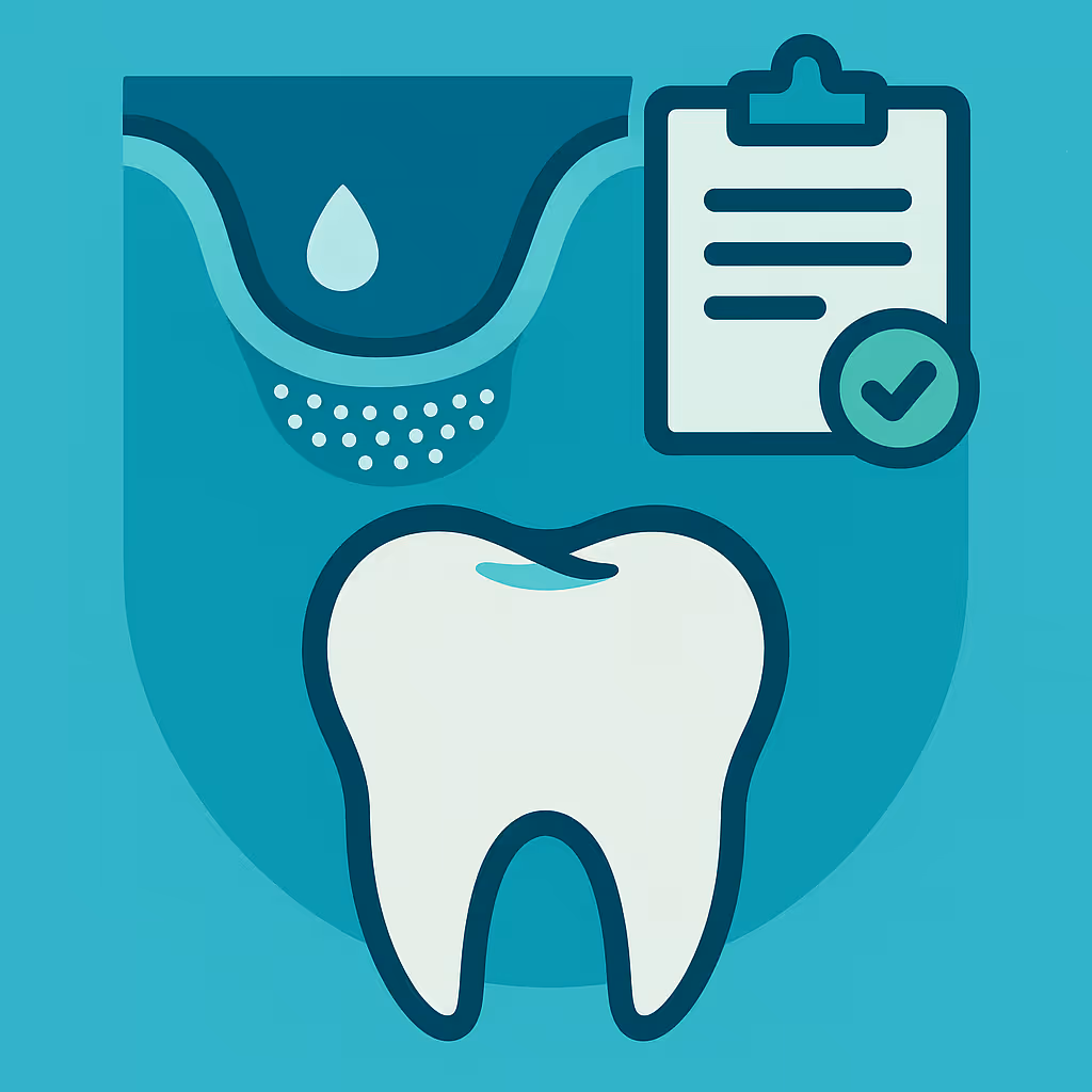 A stylized illustration of a large white tooth beneath a cross-section of gum tissue showing a fluid droplet above a dotted bone layer alongside a clipboard with a checkmark symbolizing dental health