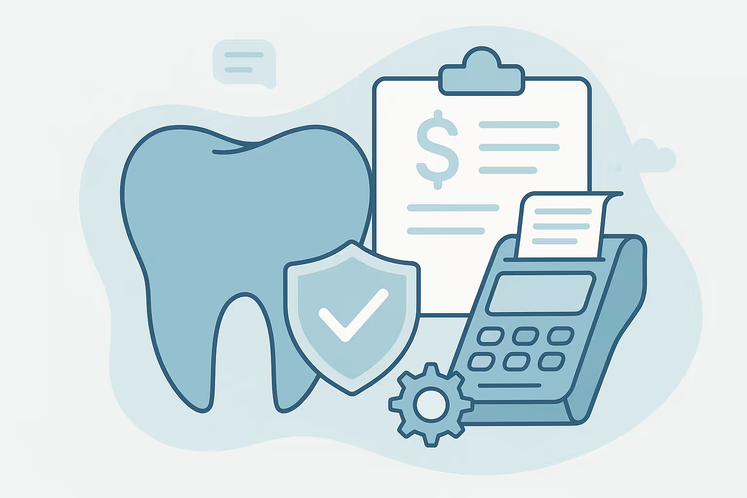 stylized tooth icon next to clipboard with dollar symbol shield with checkmark and payment terminal printing a receipt with gear icon on an abstract blue background