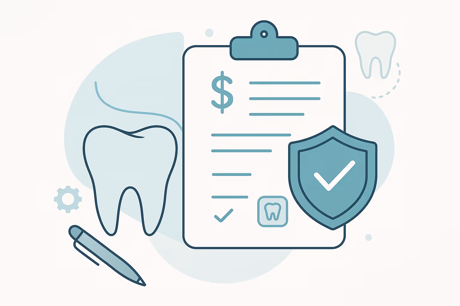 stylized illustration of a clipboard with a dollar sign and list lines and shield with checkmark and large tooth outline and pen and gear icon on muted background representing dental insurance