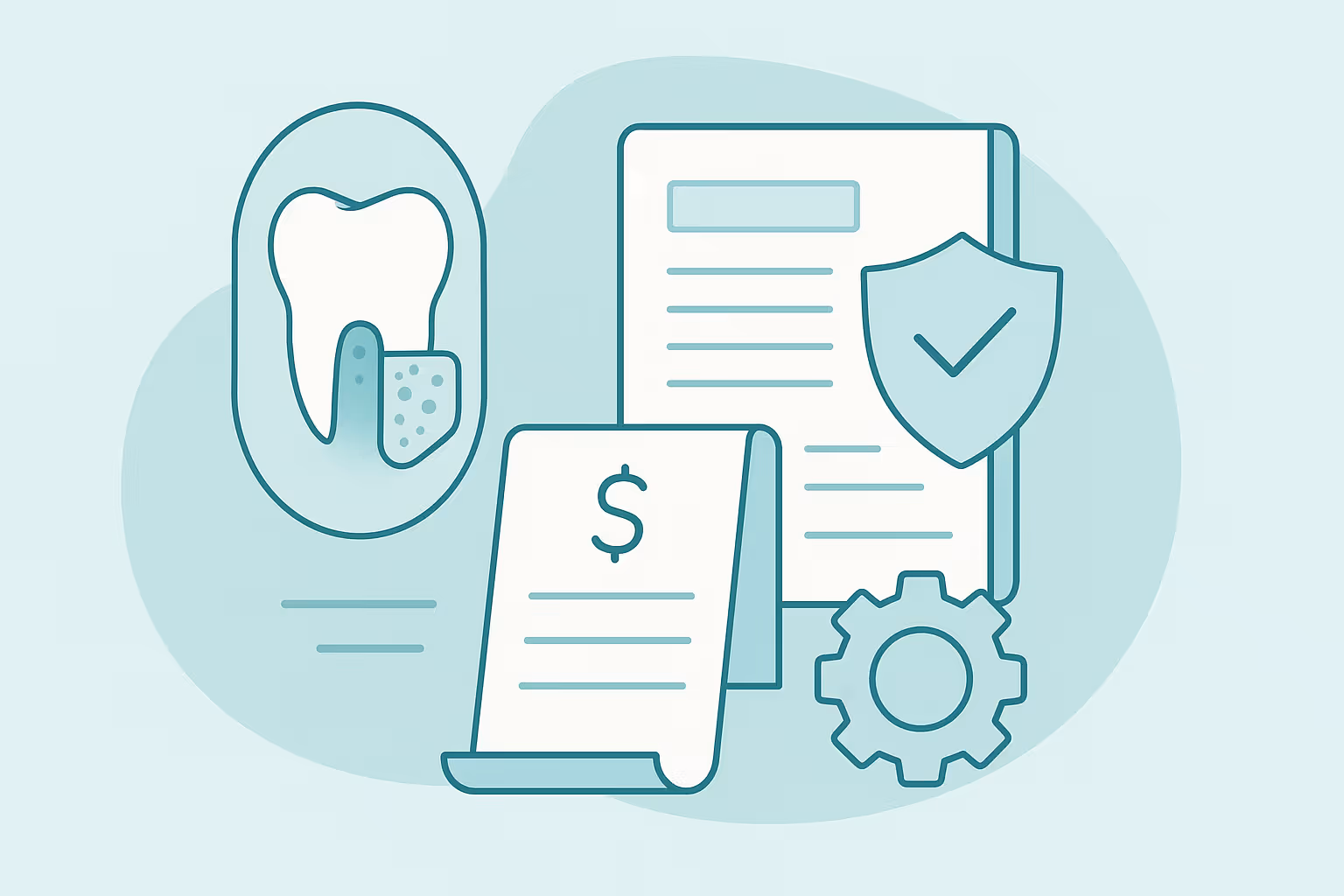 Illustration of a tooth with gum and patch next to a rolled document with dollar sign and larger sheet with shield and checkmark and gear icon representing dental insurance and billing