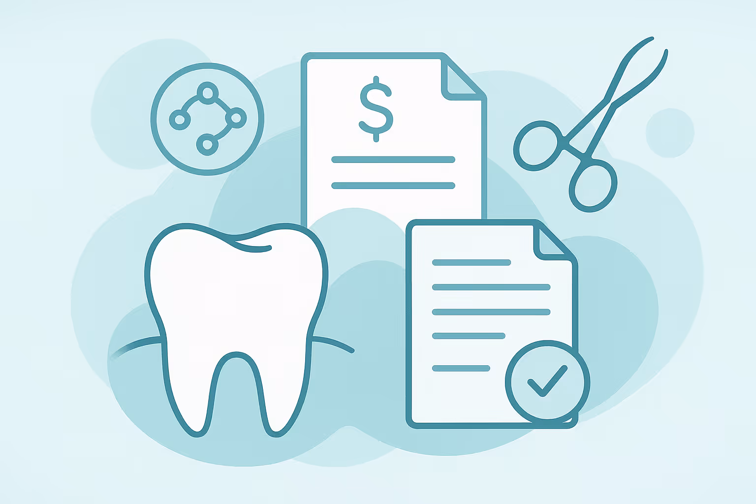 stylized white tooth icon surrounded by two documents one displaying a dollar symbol the other with lines of text and a checkmark circle a pair of scissors and a connected dot network symbol all set against a pale blue abstract background