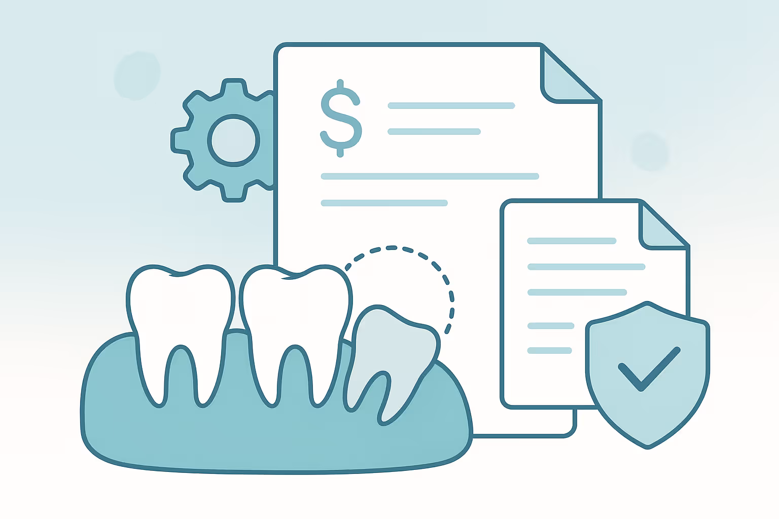 Three stylized teeth in a gum outline next to a large paper with a dollar sign and text lines a cog icon behind a smaller document and a shield with a checkmark symbolizing dental insurance