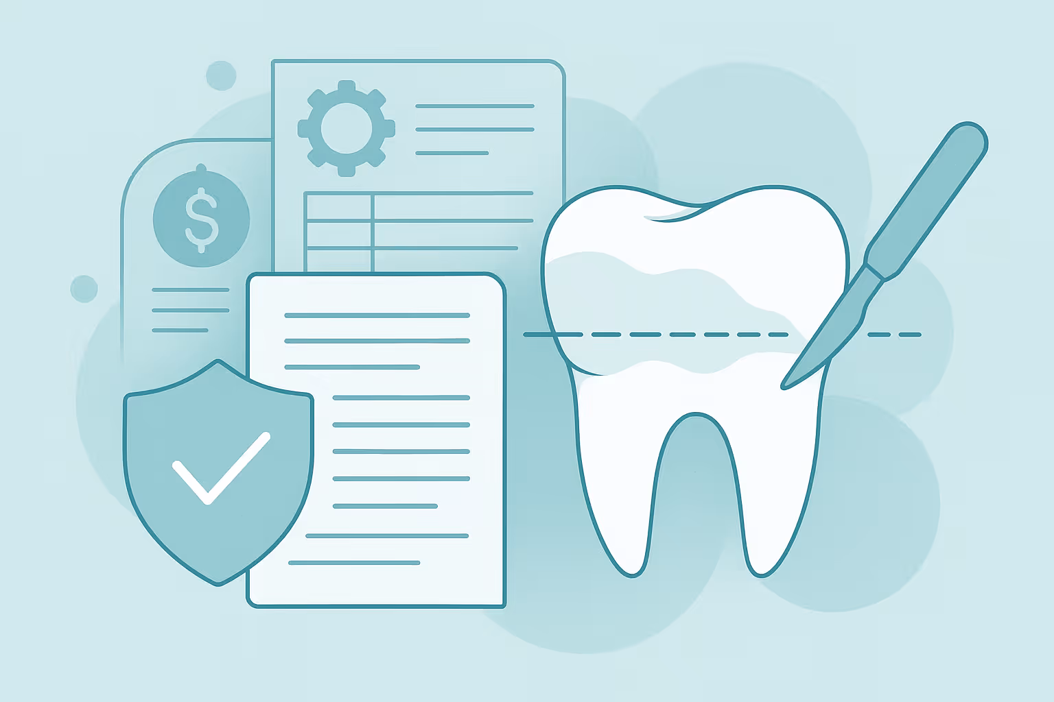 Stylized large tooth with scalpel poised to cut along a dotted line next to layers of document icons including a gear symbol a table a dollar sign a shield with check mark and lines of text