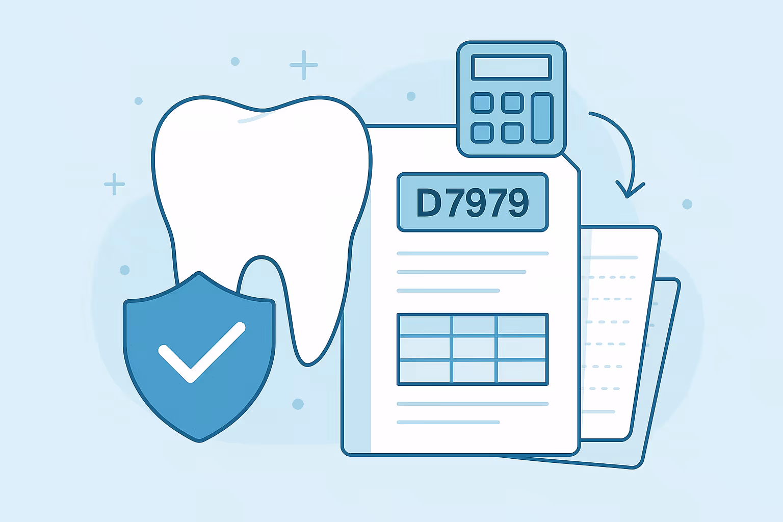 Outlined molar tooth beside document labeled D7979 with calculator icon and shield bearing checkmark symbolizing dental insurance form