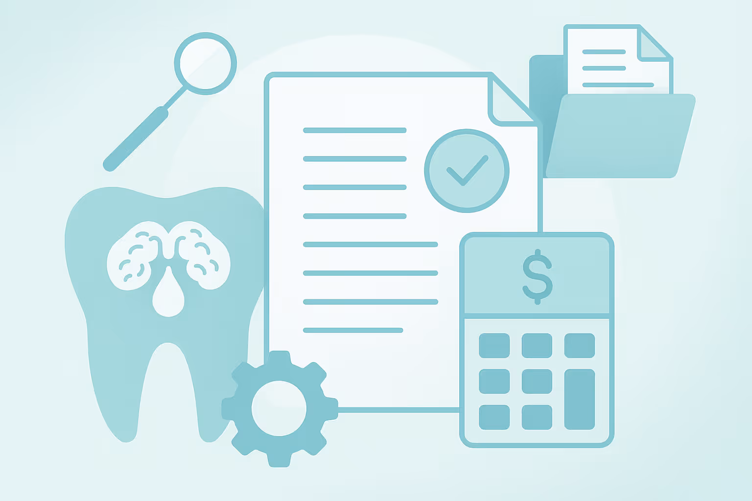 stylized flat illustration of a large tooth shape magnifying glass gear document with lines and a checkmark calculator with a dollar symbol and an open folder of papers all in light teal representing dental billing and insurance concepts