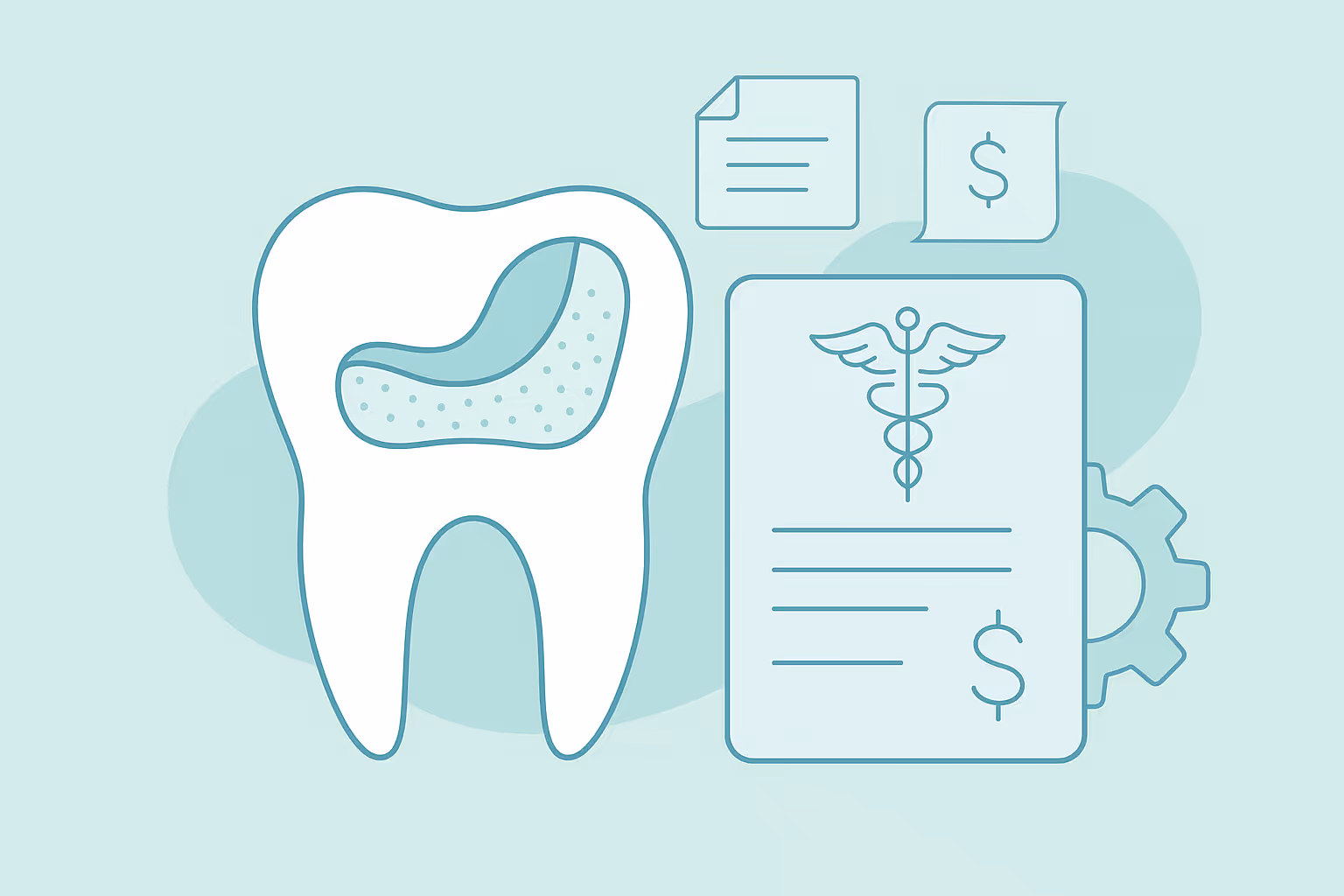 Abstract line drawing of a tooth cross section with the inner structure highlighted next to a medical form featuring a caduceus symbol dollar sign and document icons on a pale teal background