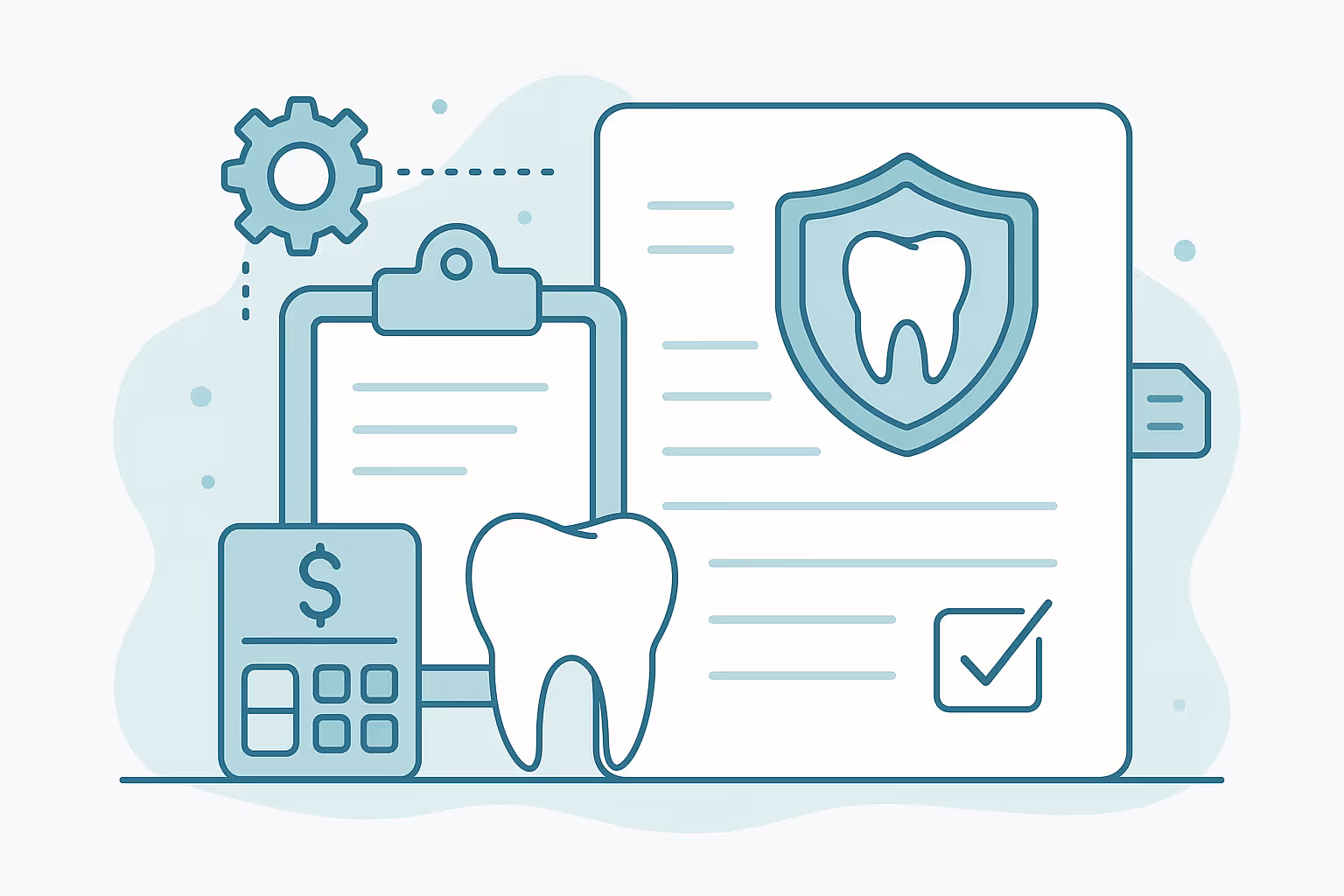 illustration of dental insurance concept with tooth icon documents clipboard calculator shield emblem and gear symbol