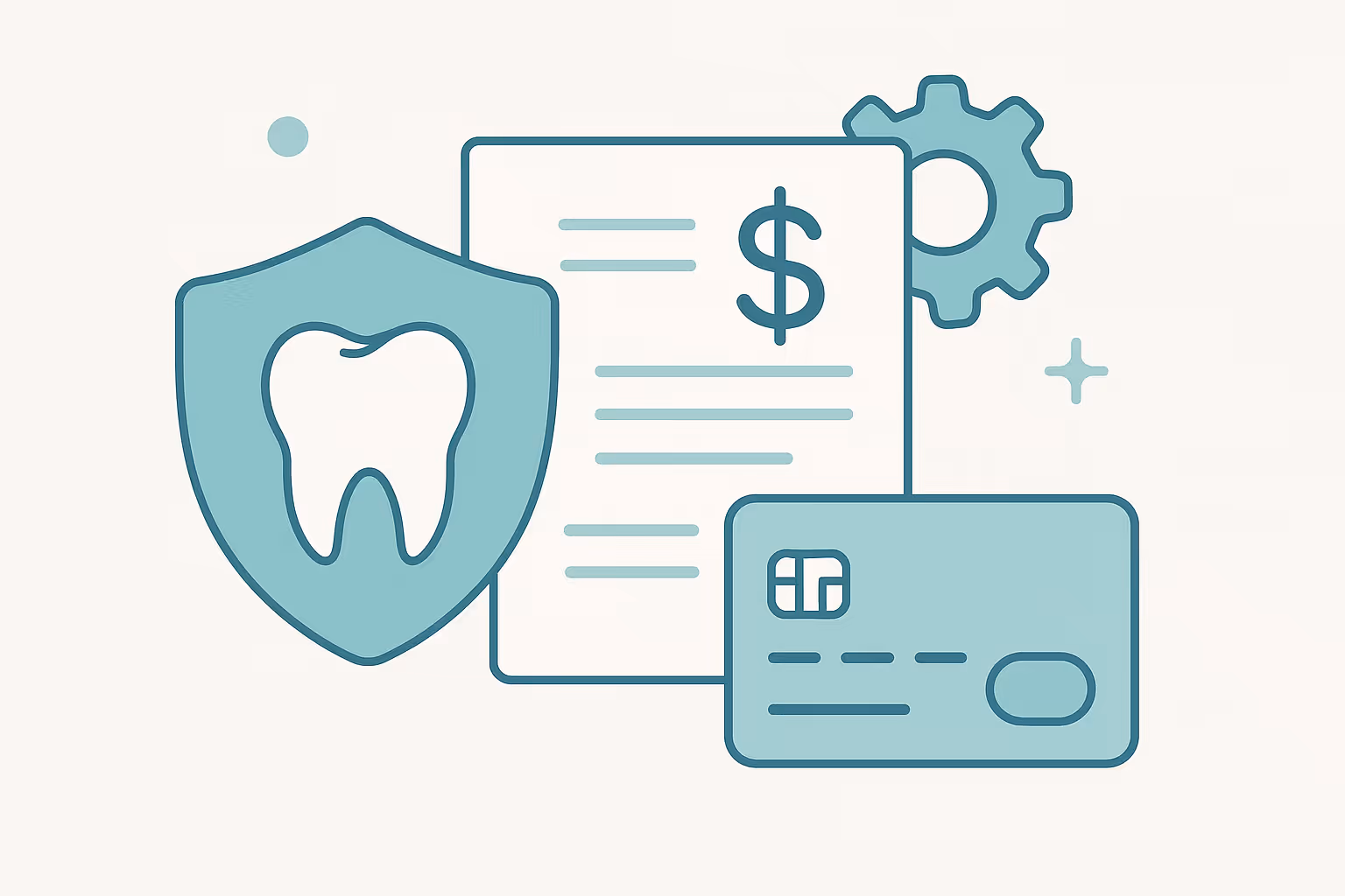 shield containing tooth symbol next to page with dollar sign credit card and gear icon representing dental insurance and payment processing