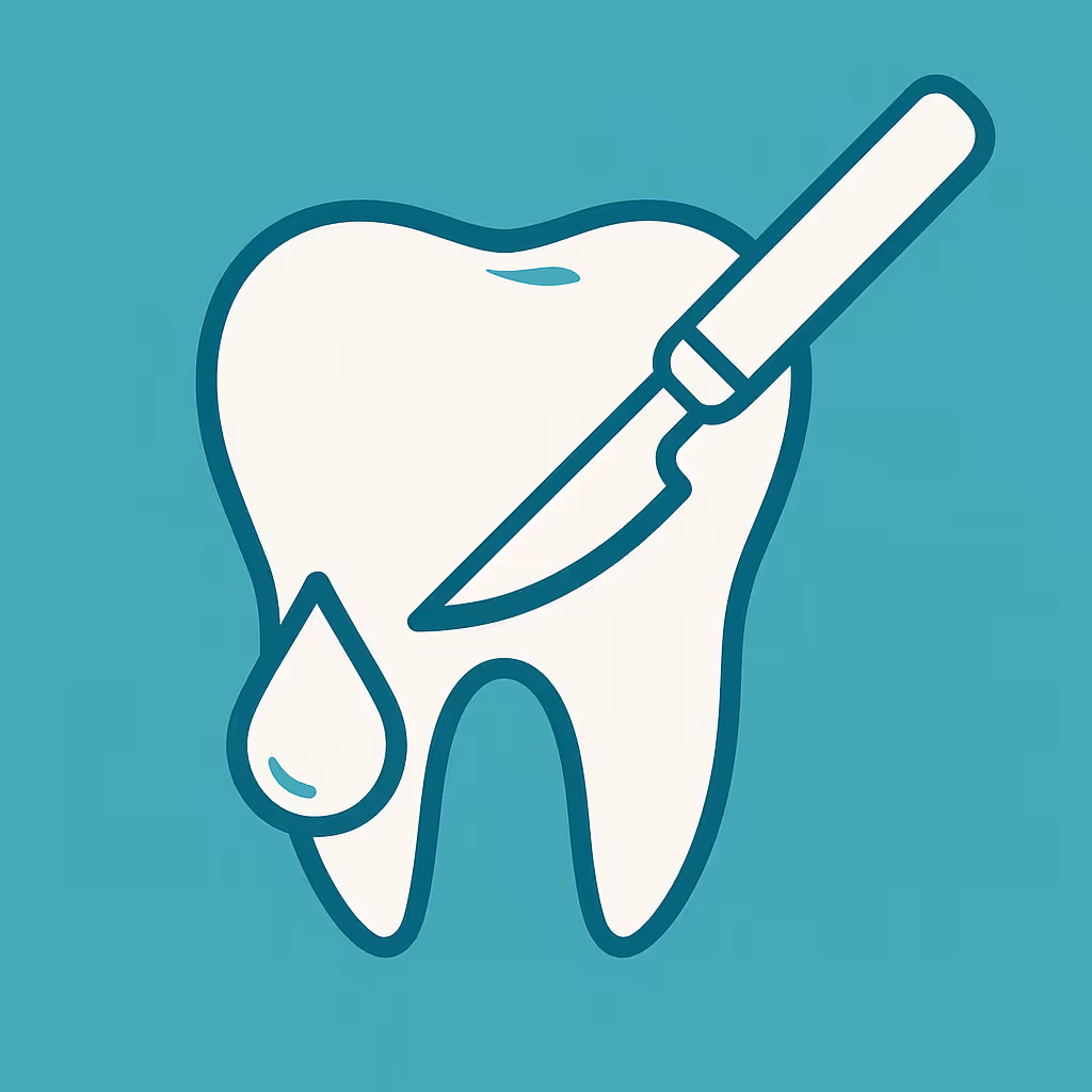 white stylized molar tooth with a scalpel slicing its side and a droplet falling on a teal background