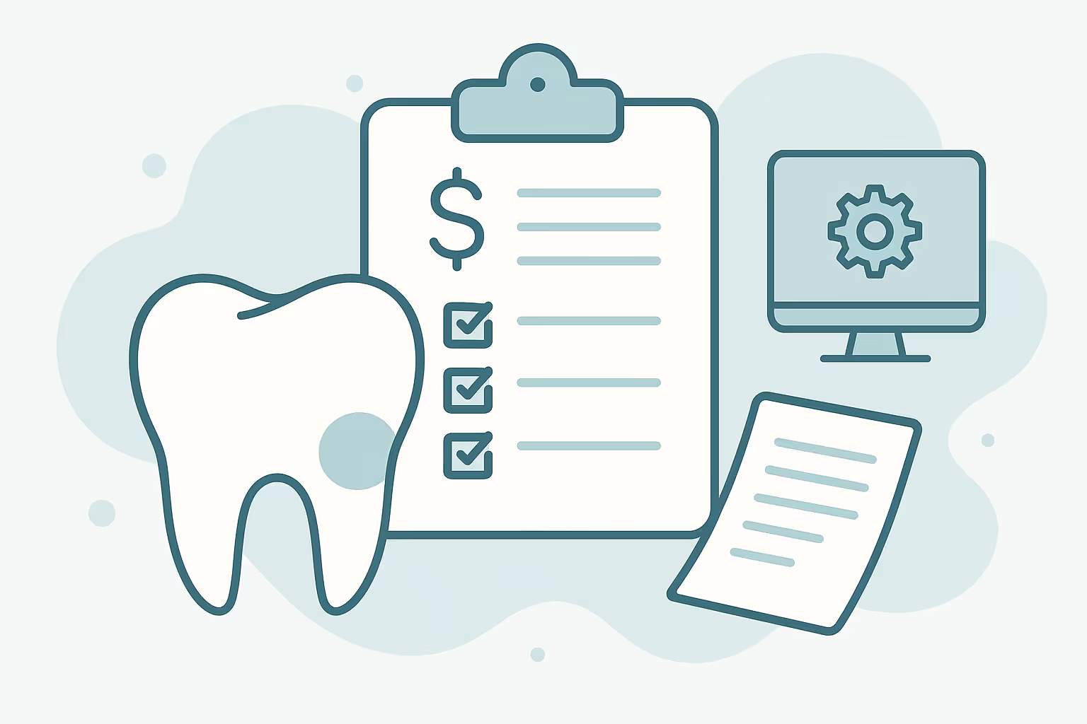 stylized tooth icon next to clipboard with dollar sign and checklist three checkmarked lines beside floating document sheet and computer monitor with gear symbol on light abstract background