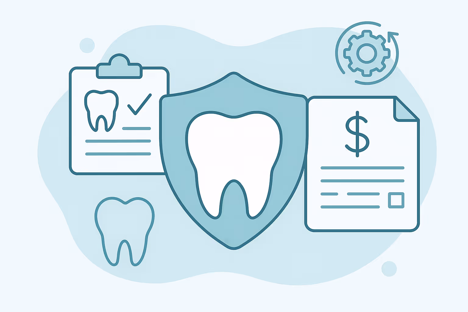 Large tooth silhouette inside a shield centered surrounded by a clipboard with a tooth icon and checkmark on the left a document with a dollar sign on the right and a circular gear icon above all in soft blue tones representing dental insurance and coverage