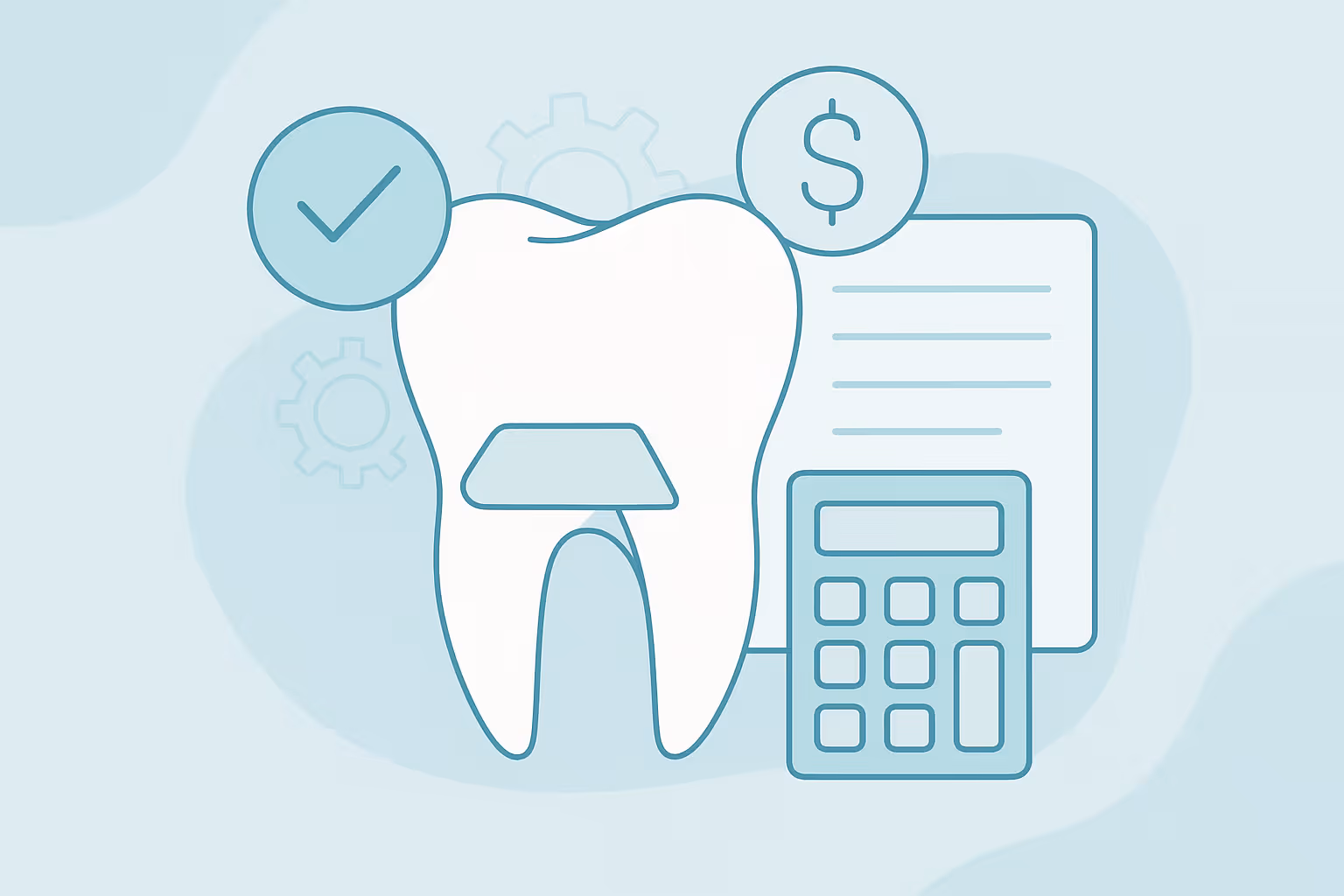 illustration of a tooth with a dental tool overlay beside a calculator and document and circles containing a check mark and a dollar sign on a light blue background representing approved dental cost estimate