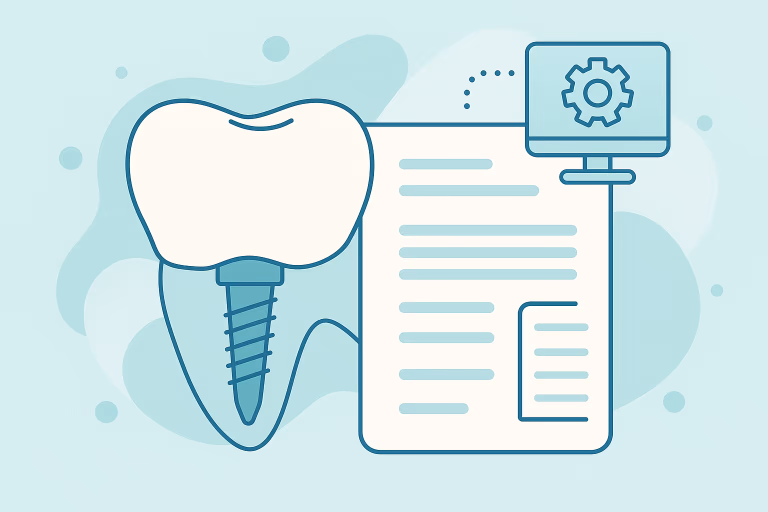 stylized illustration of a large tooth with a dental implant screw root beside a sheet of digital document and a computer monitor displaying a gear symbol on a light blue abstract background