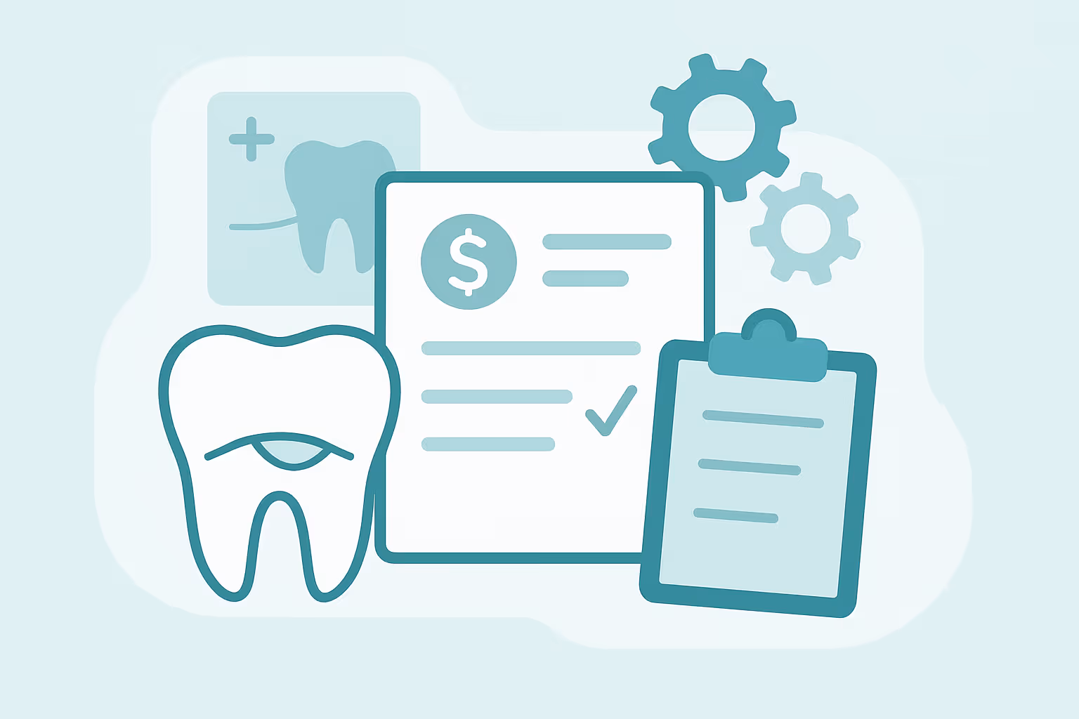 A stylized illustration showing a large tooth outline next to a clipboard with checklist lines a document featuring a dollar sign and checkmark a small dental x-ray icon and two gear shapes all in teal and light blue tones