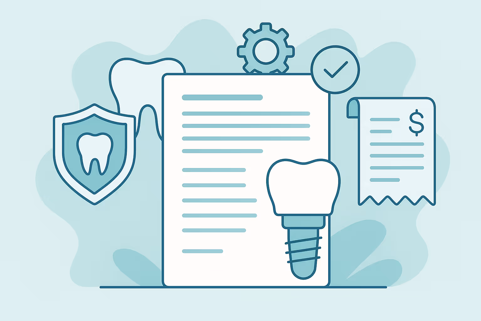 Illustration of dental insurance concept featuring a large paper with text lines a dental implant icon a shield with a tooth symbol a gear icon a check mark in a circle and a receipt with a dollar sign on a light blue abstract background