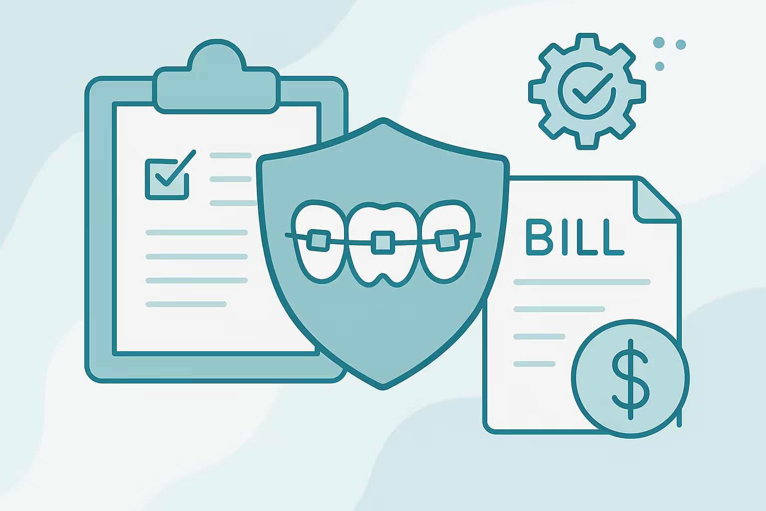 Illustration of clipboard with checked checklist shield showing three stylized teeth with braces bill document displaying dollar symbol and gear icon with checkmark