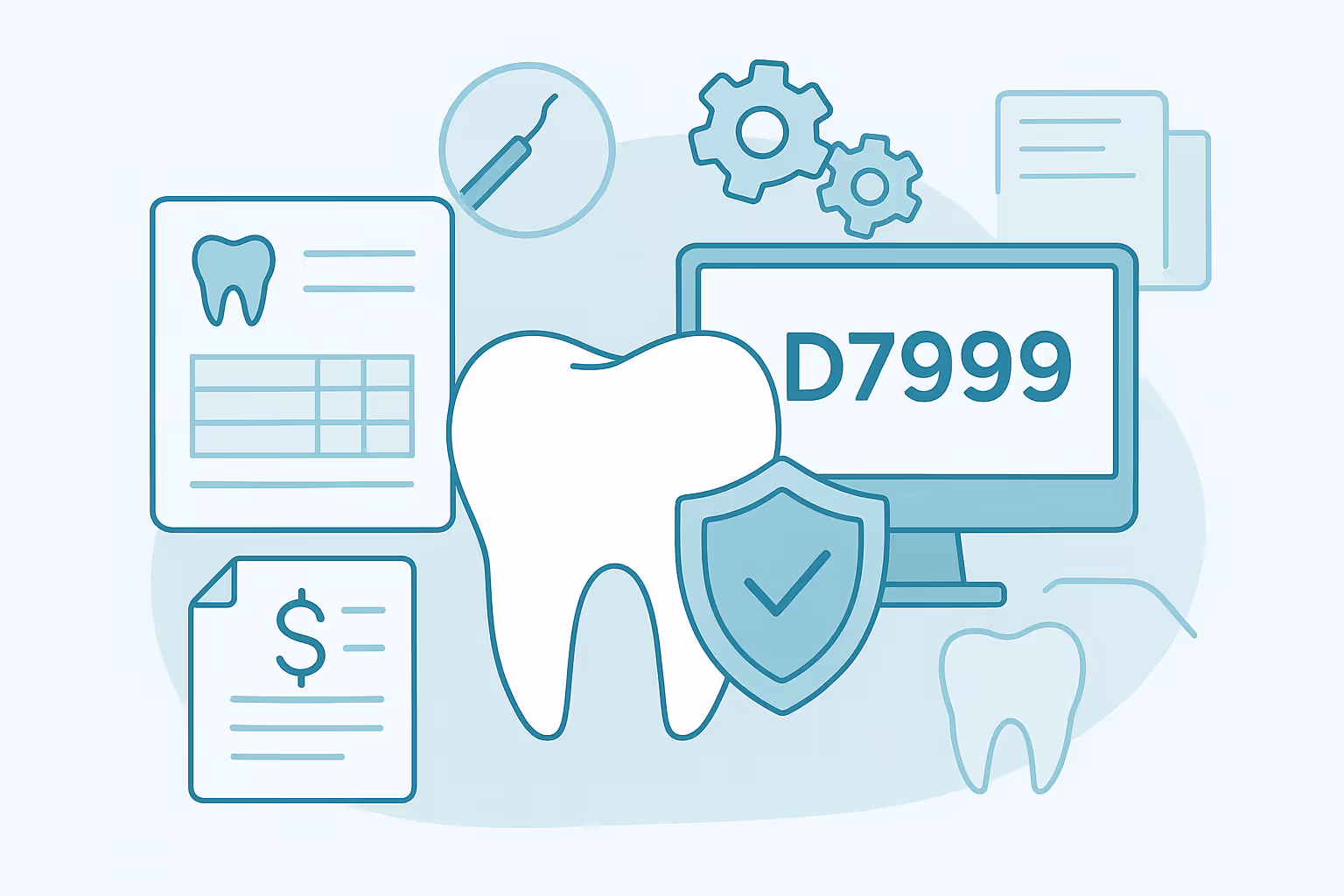 Stylized illustration of a dental insurance concept showing a large tooth icon with a shield and checkmark overlay a computer monitor displaying D7999 surrounded by a dental chart a billing form gears and a dental instrument