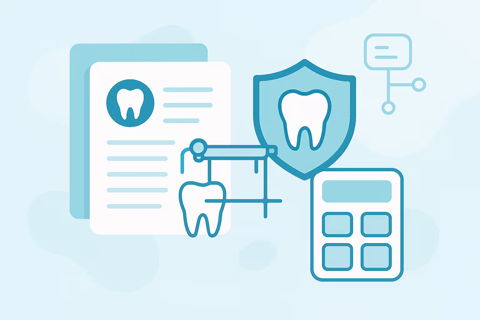 illustration of dental insurance concept showing a document with a tooth icon caliper measuring a tooth a shield with a tooth emblem and a calculator in light blue tones