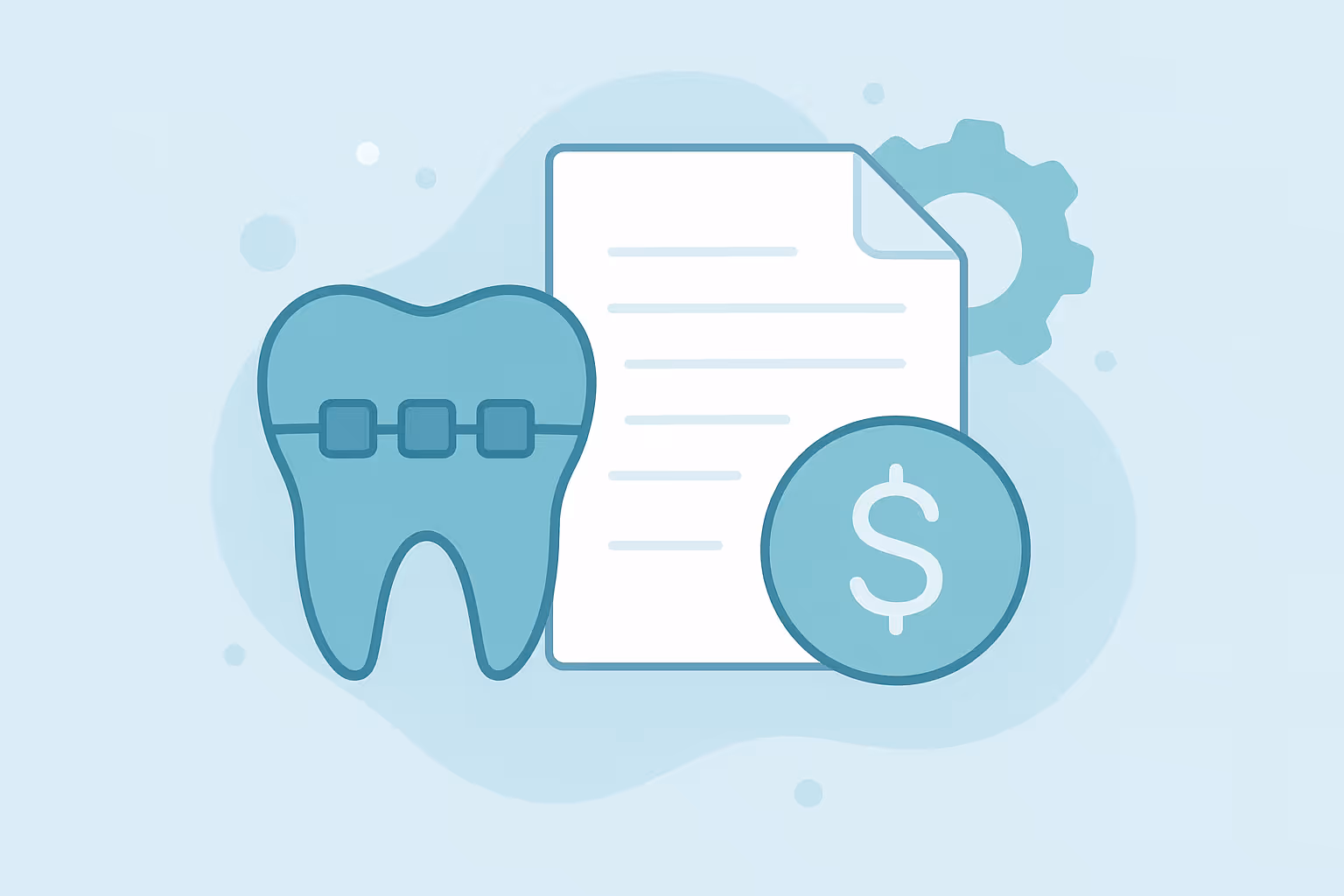 tooth with braces next to a paper document and a coin with dollar sign in front of a gear shape on a light blue background
