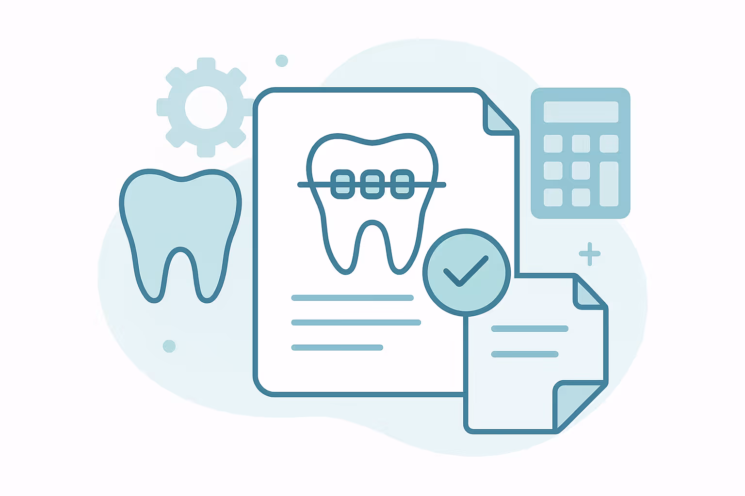 tooth with braces icon on a paper with a check mark calculator gear and a second tooth silhouette in teal tones