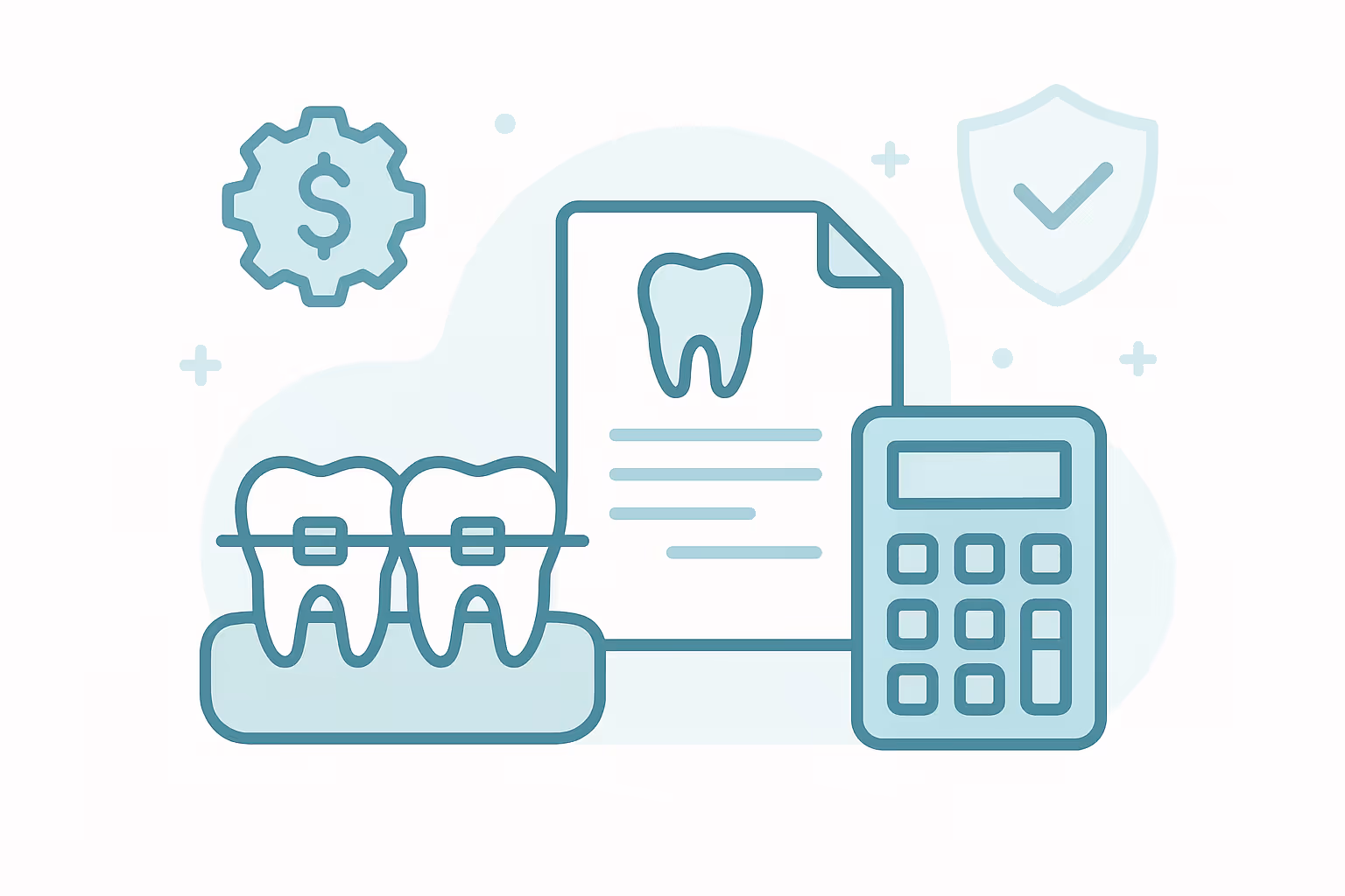 two teeth with braces on dental model next to dental treatment document with tooth icon and calculator gear with dollar sign and shield with checkmark representing orthodontic cost estimate and insurance coverage