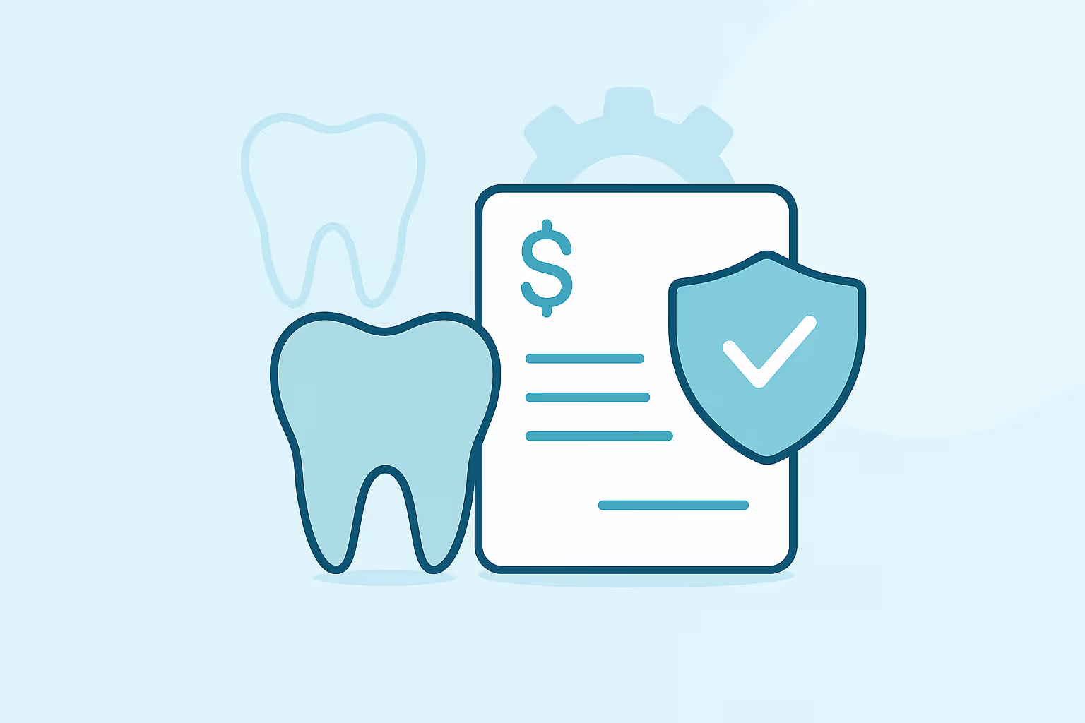 Illustration of a stylized tooth next to a document displaying a dollar sign and text lines with a shield bearing a check mark in front of a gear icon suggesting dental insurance coverage