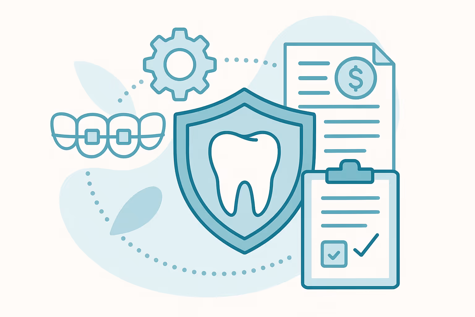 Stylized illustration of a tooth inside a protective shield surrounded by a gear icon a set of braces a financial document with a dollar symbol and a clipboard with a checkmark connected by dotted lines