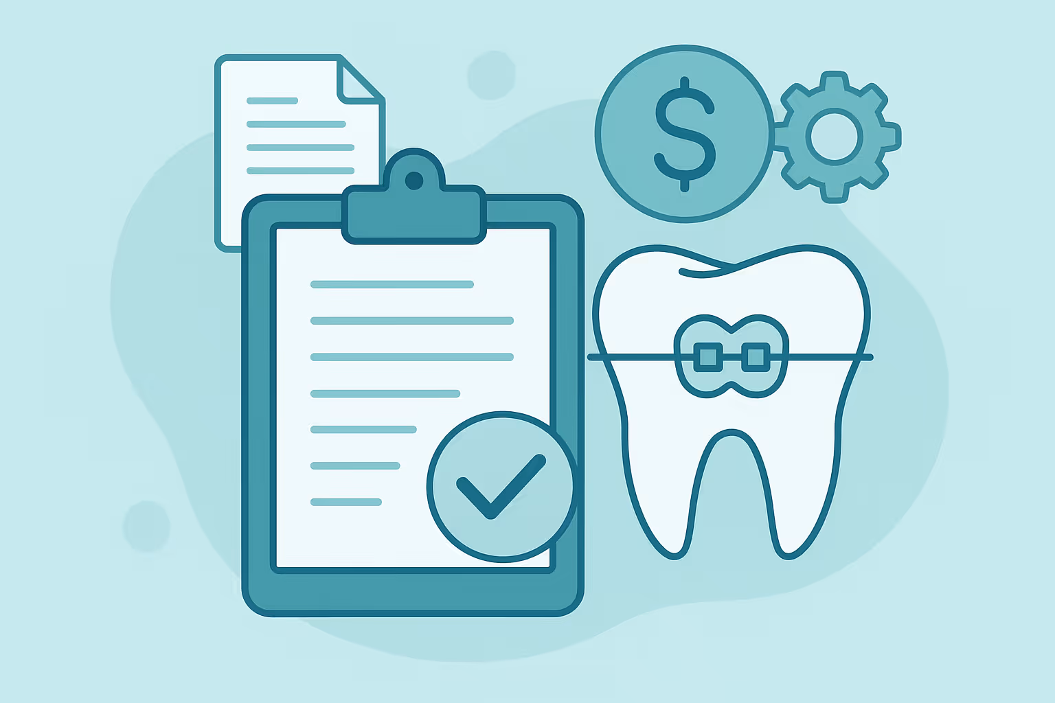 clipboard holding paper with checkmark next to stylized tooth wearing braces alongside dollar coin and gear icon