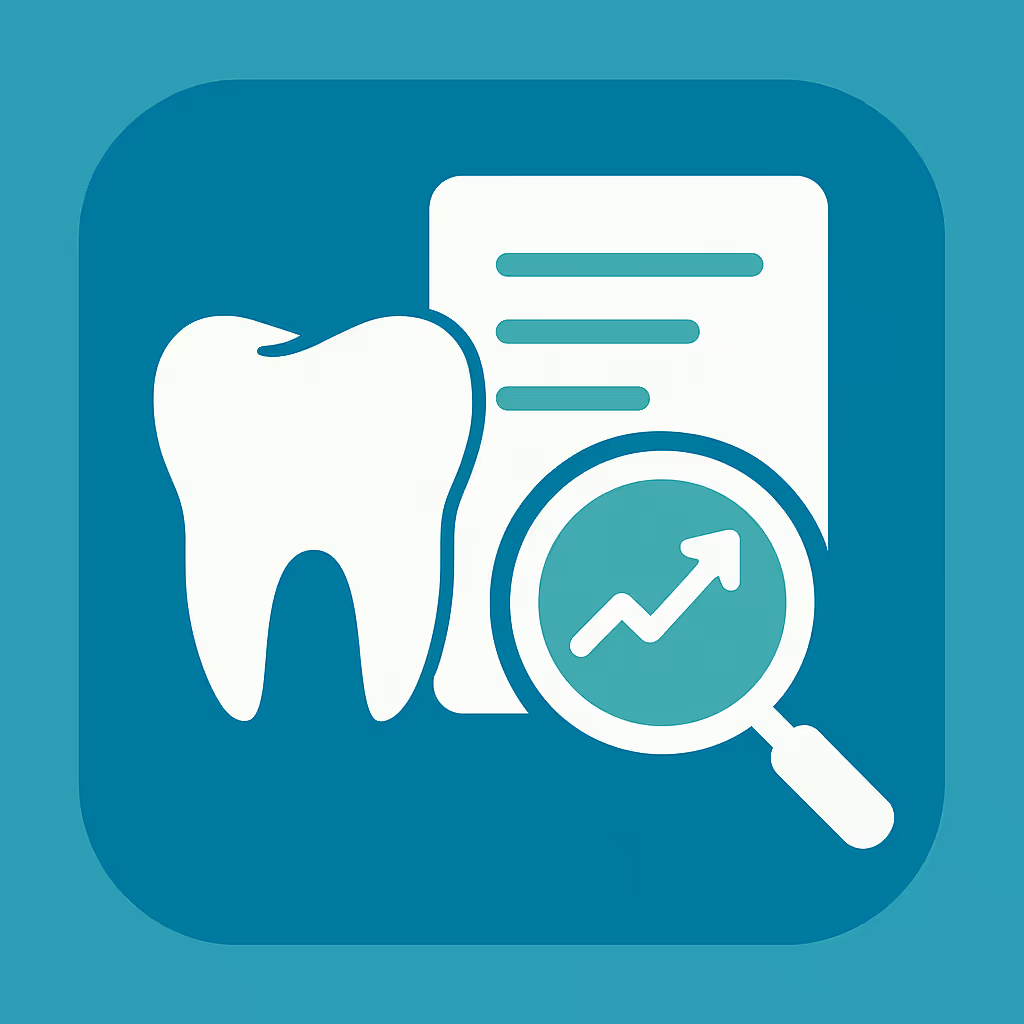 white tooth icon beside a sheet of paper with horizontal lines and a magnifying glass showing an upward arrow on a teal background