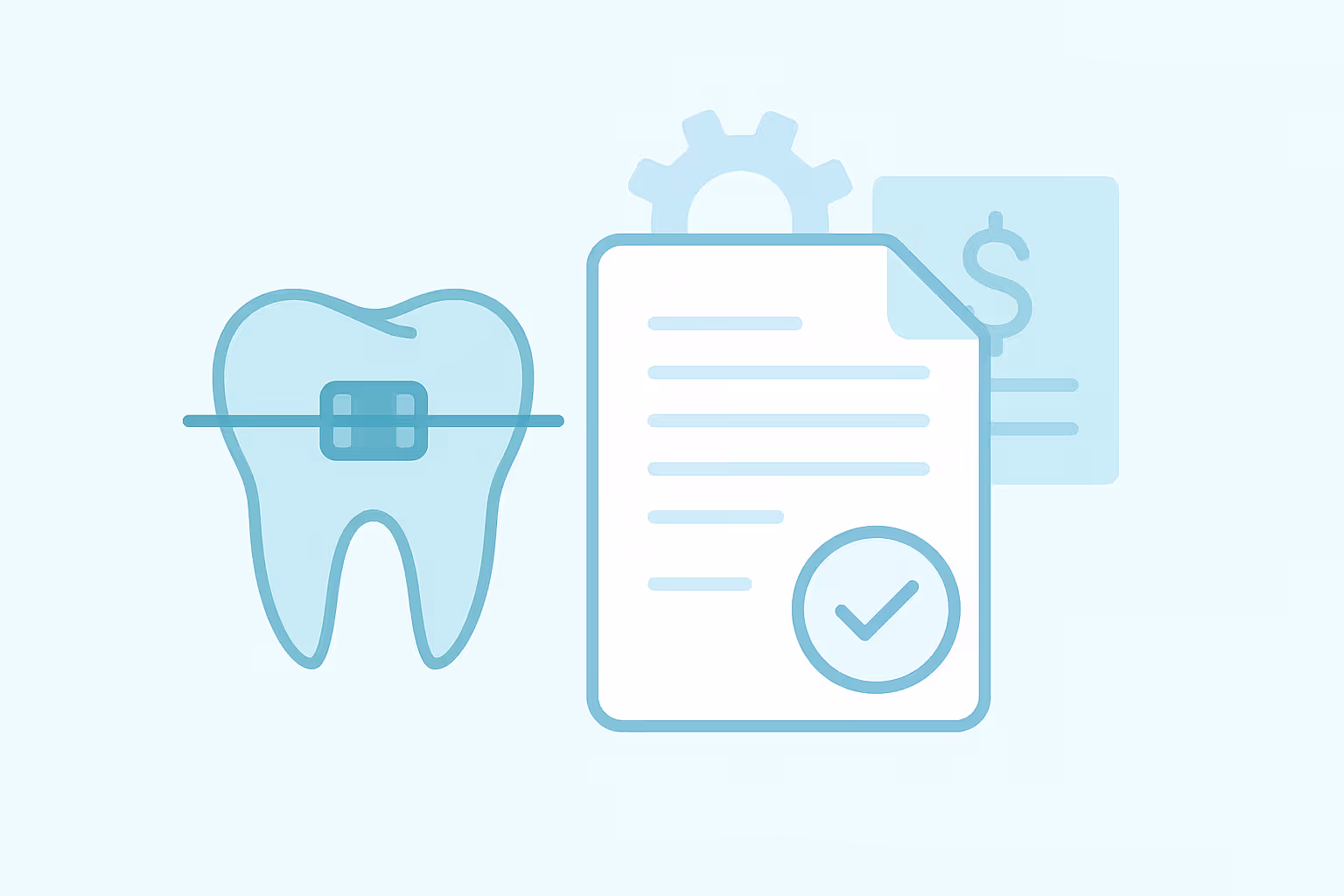 Illustration of tooth with braces next to document with check mark gear and dollar sign representing orthodontic treatment plan and cost estimate