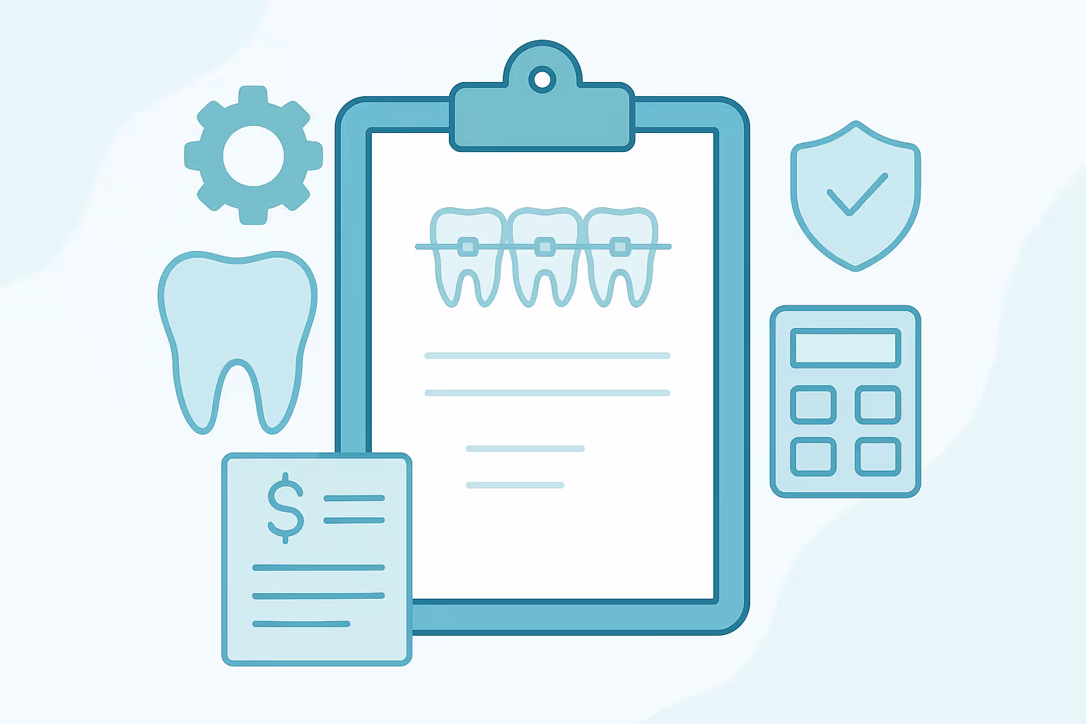 clipboard showing three teeth with braces surrounded by icons of a gear a tooth silhouette a shield with checkmark a calculator and a billing statement