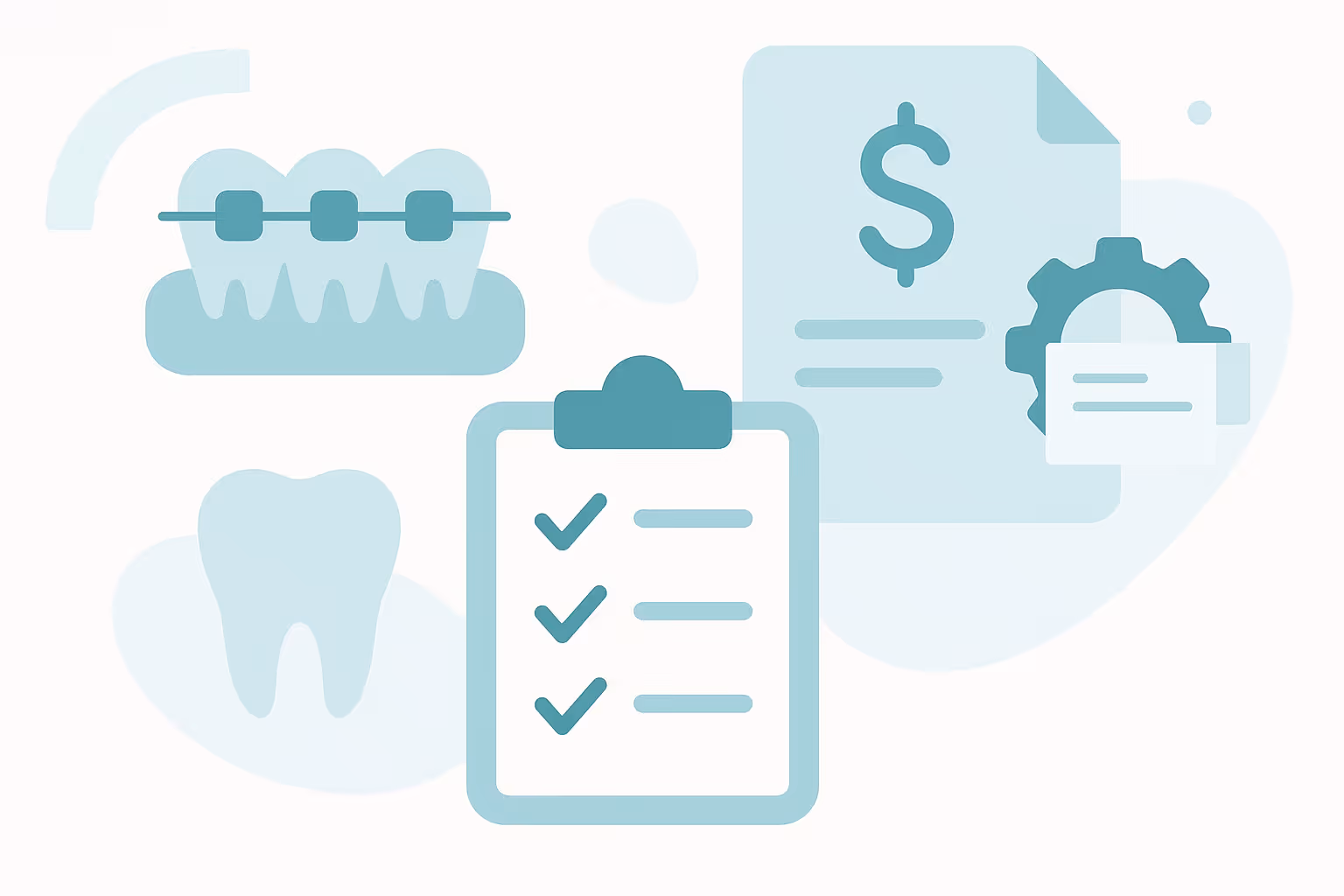monochrome teal graphic showing a row of teeth with braces a standalone tooth icon a clipboard with three check marks and a document with a dollar symbol and gear icon