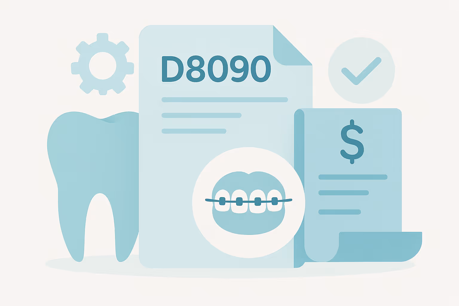 Simplified illustration showing a large document labeled D8090 with an icon of braces on teeth alongside a tooth shape a gear icon a rolled up invoice with a dollar sign and a check mark