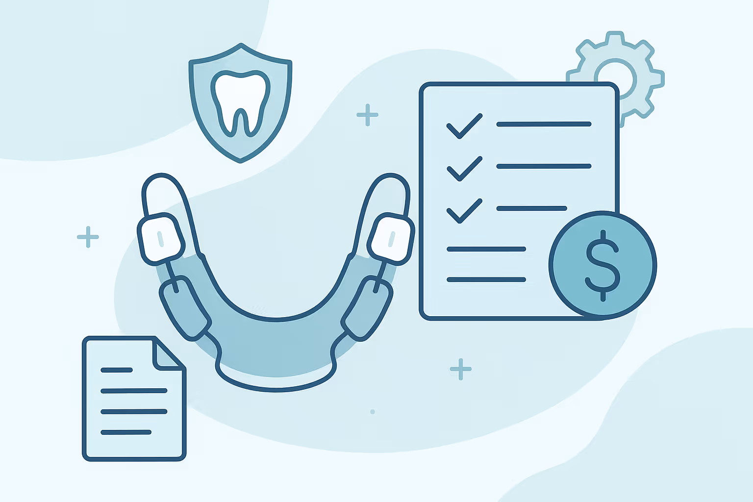Simplified illustration of a dental aligner fitted with small connected modules surrounded by icons representing dental insurance paperwork a checklist with dollar sign and a gear