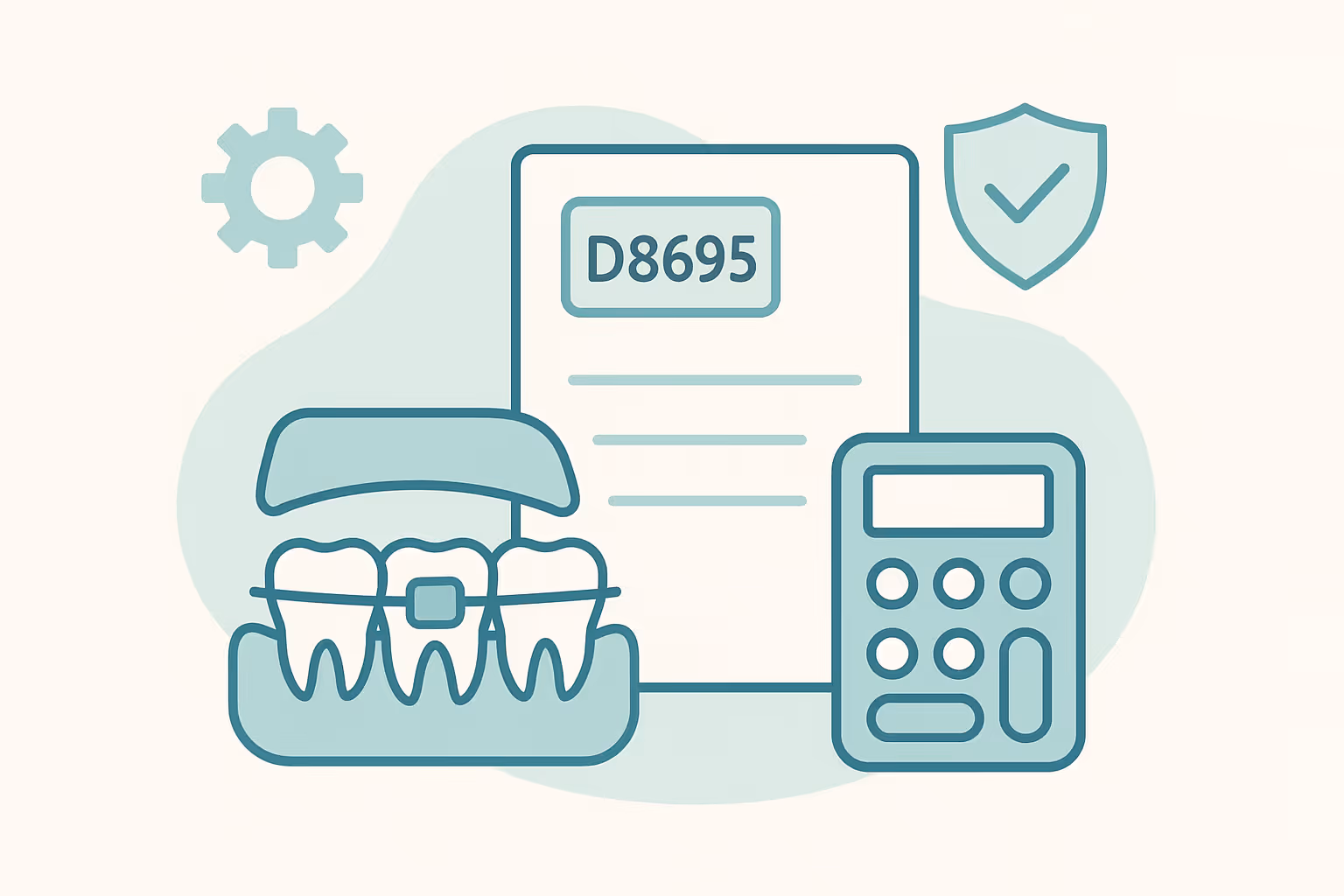 vector illustration of dental braces model with three teeth and bracket next to invoice sheet labeled D8695 beside calculator icon gear symbol and shield with checkmark symbolizing secure orthodontic billing