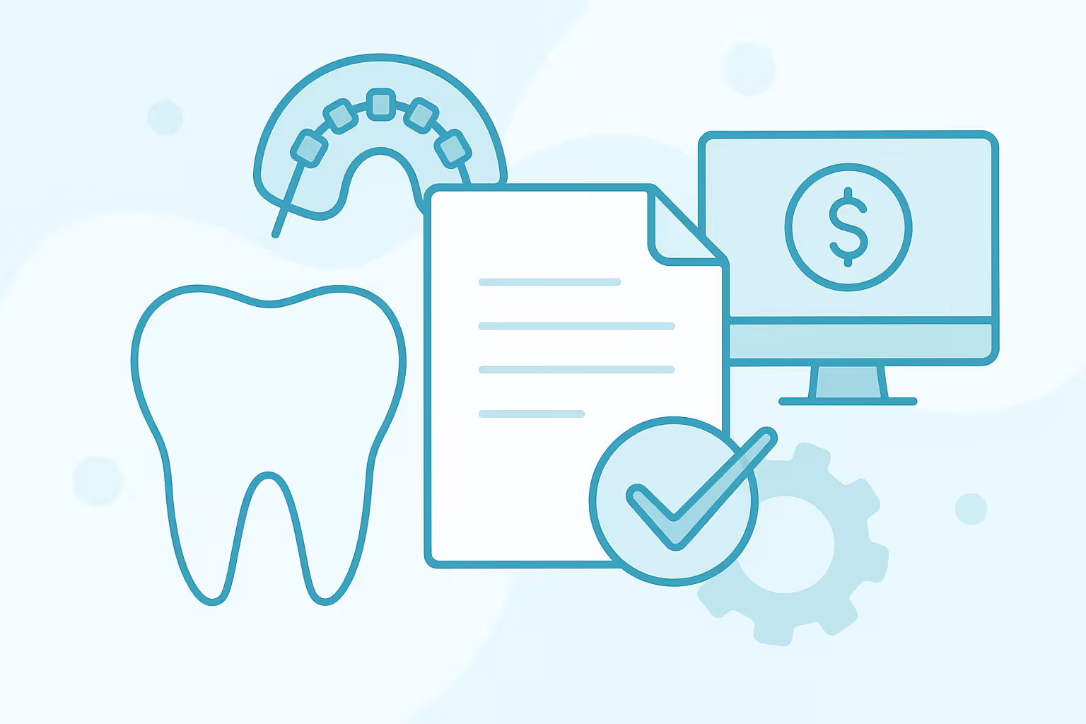 simplified illustration of a tooth a dental aligner a document with checkmark a computer monitor with dollar sign and a gear icon
