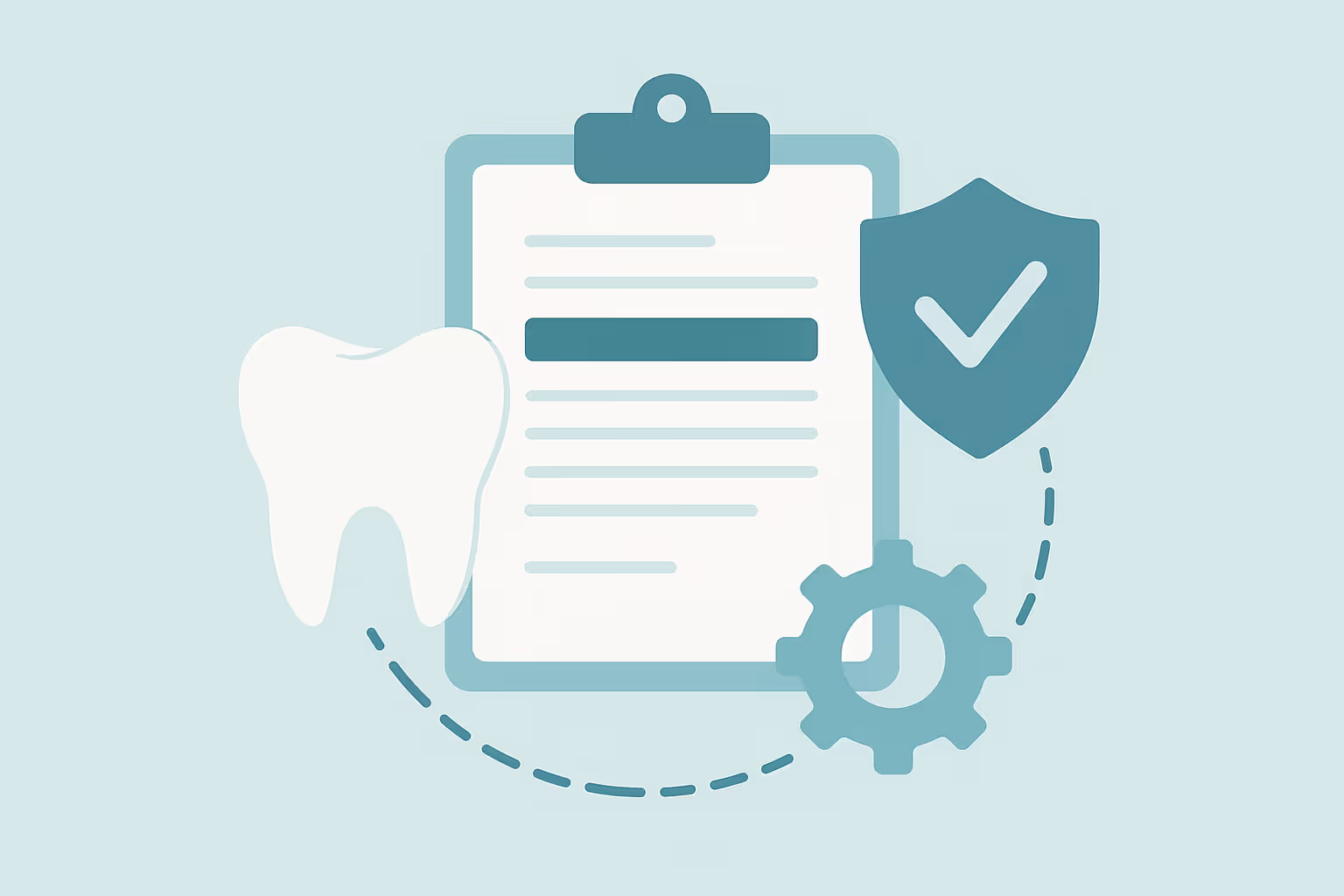 clipboard with a dental form a white tooth icon a shield with a check mark and a gear connected by a dashed line on a light teal background
