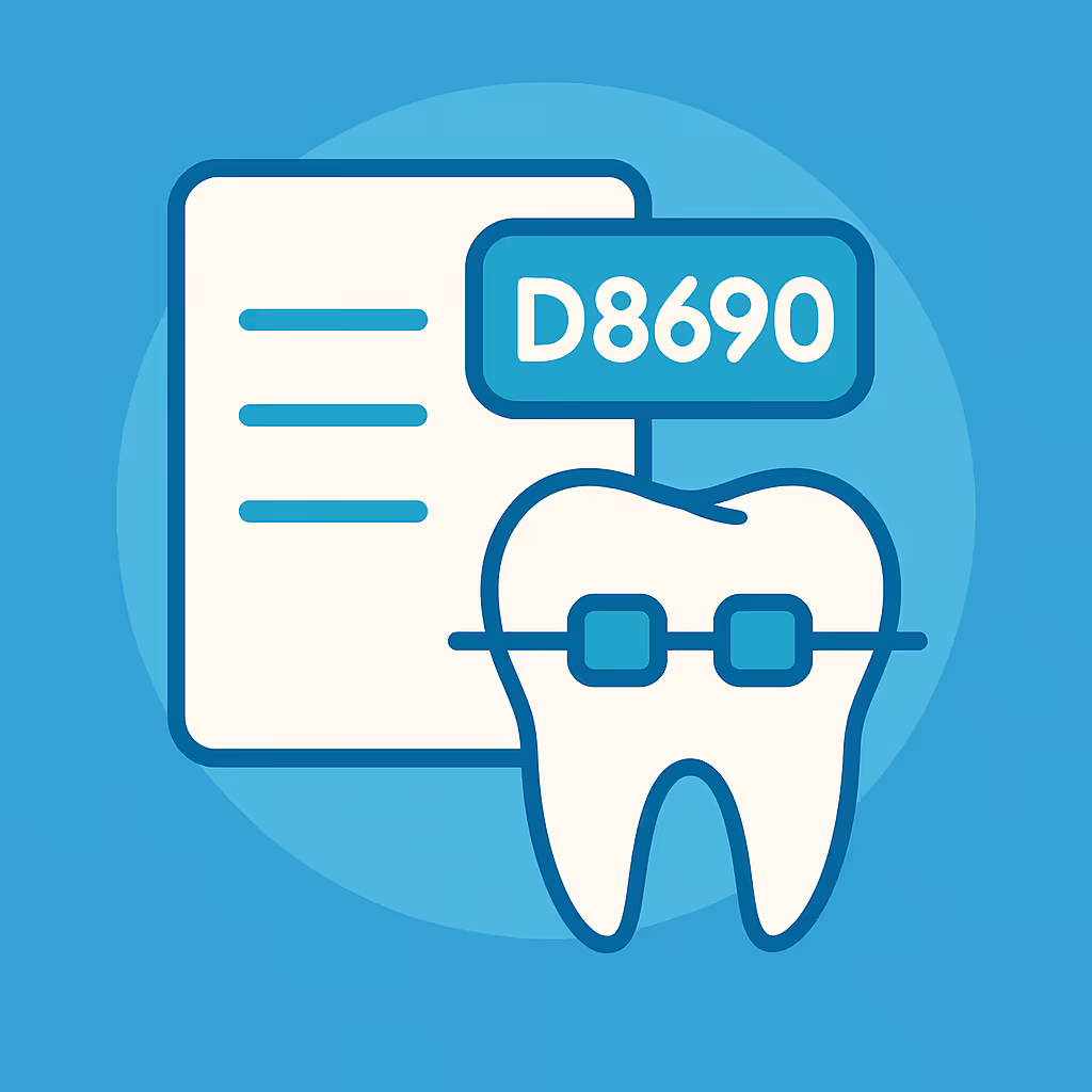 tooth with braces in front of medical form displaying D8690 code on blue background