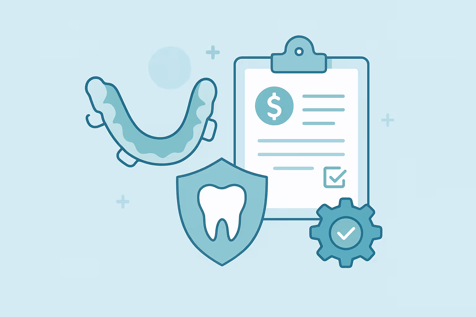 Removable dental mouthguard beside clipboard showing a financial form with dollar sign and checklist beside gear icon with checkmark and shield bearing a tooth symbol on pale blue background