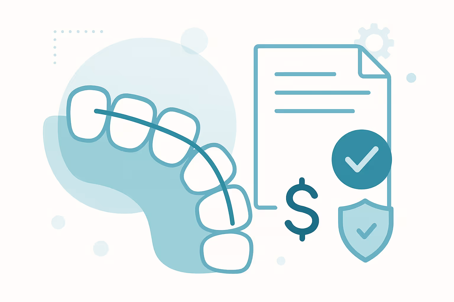stylized hand holding clear teeth aligner next to paper with horizontal lines a dollar sign a large check mark in a circle and a shield with check mark symbolizing approved dental financing and insurance
