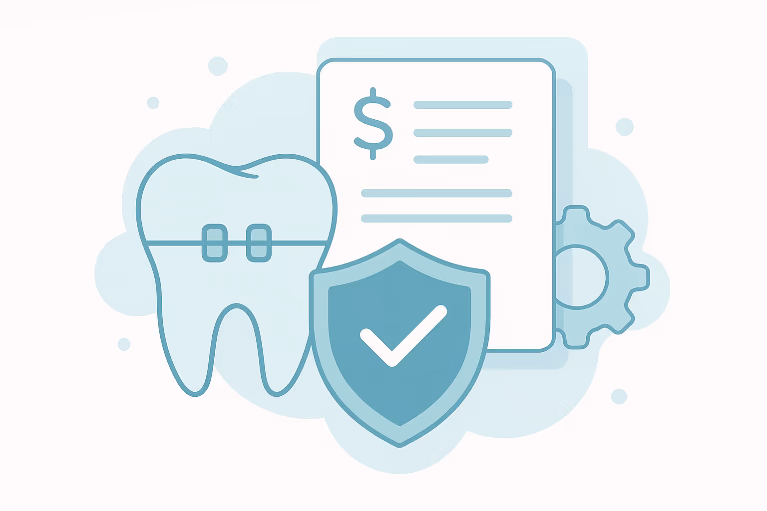 Tooth wearing braces next to a document with a dollar sign and lines of text a shield with a checkmark in front and a gear icon in the background