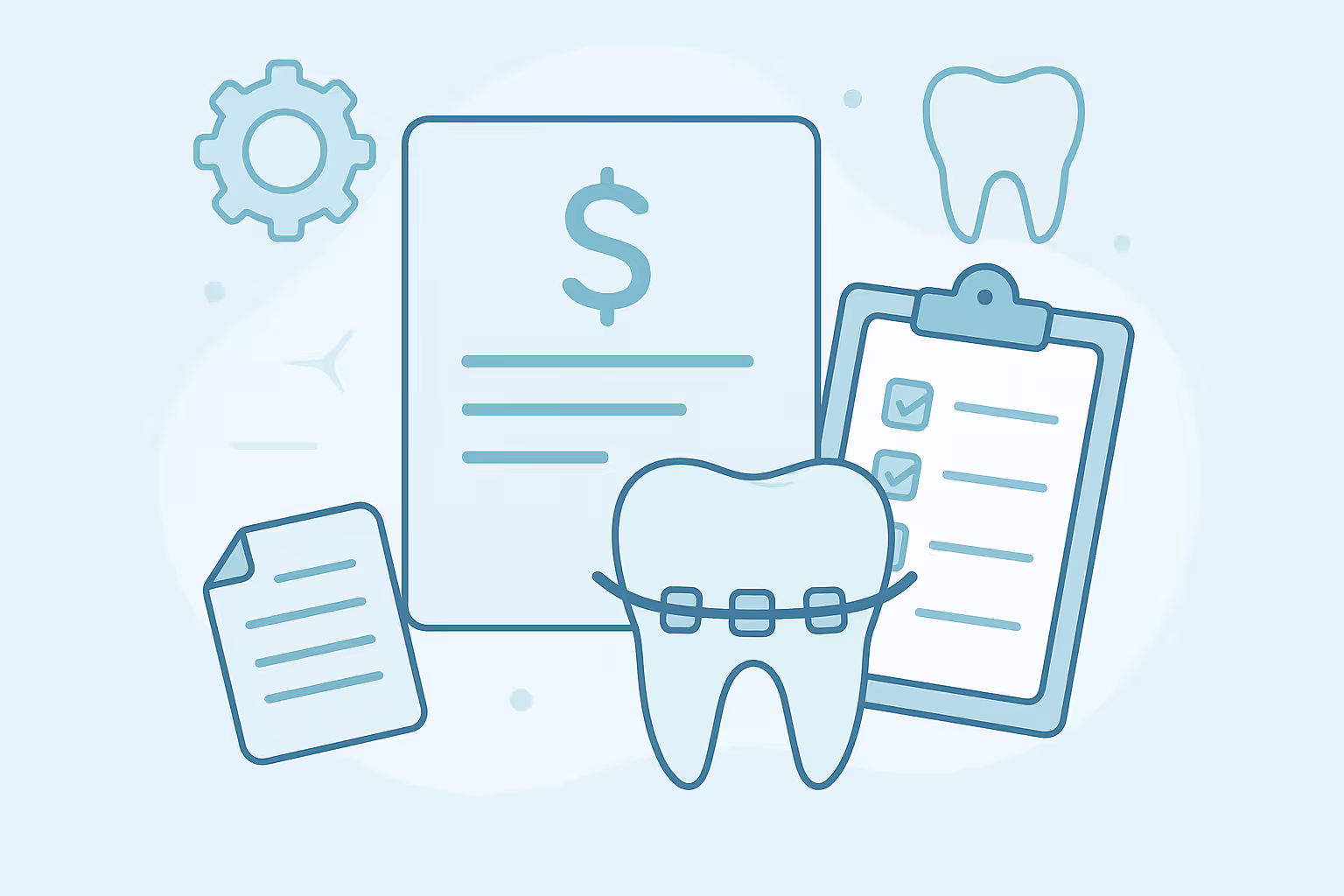 tooth wearing braces centered in front of a billing document showing a dollar sign and a clipboard with a checklist alongside a separate sheet of paper gear icon and a small tooth icon in the background