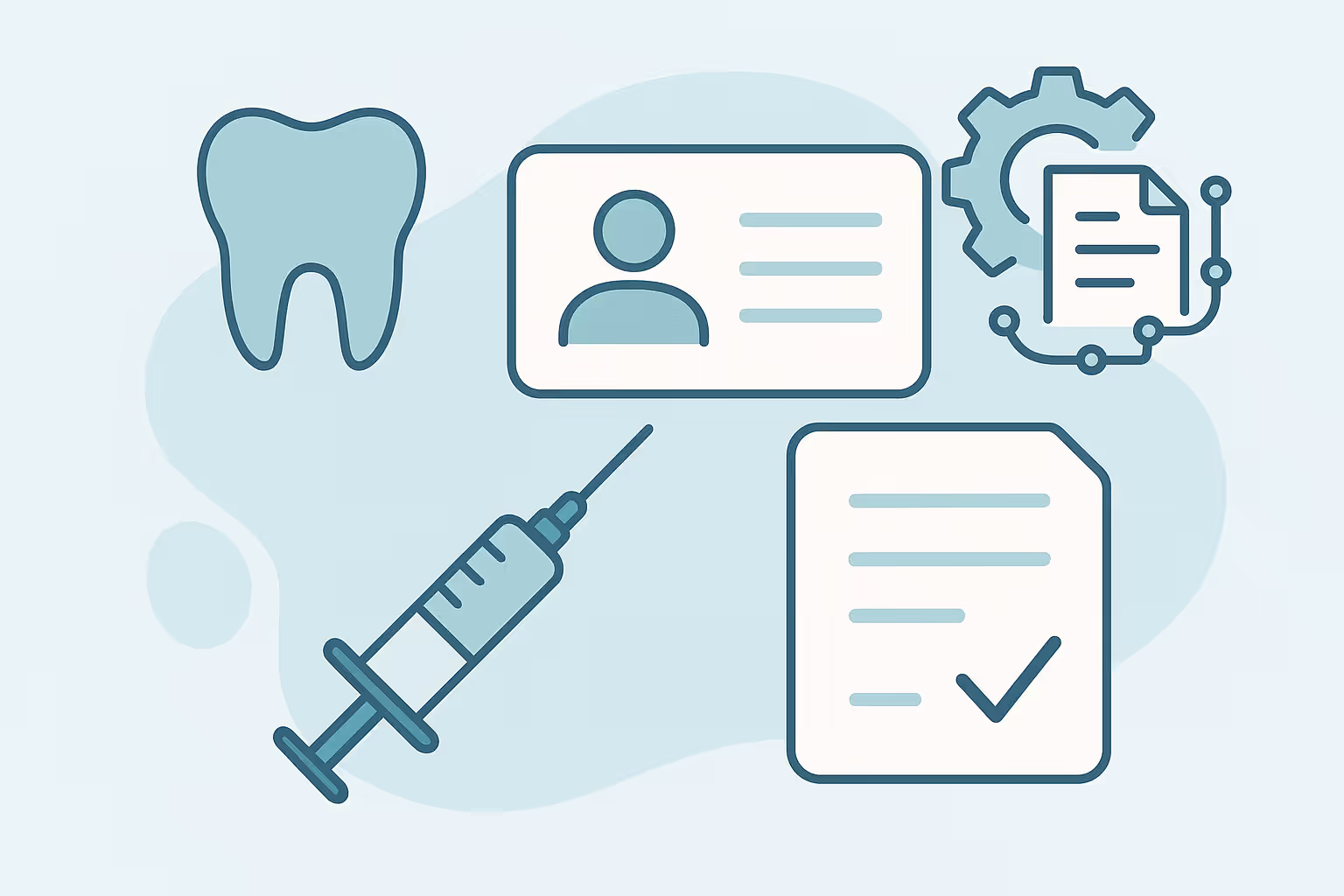 Stylized medical dental graphic featuring a tooth icon an ID card syringe a document with a check mark and a gear connected to a digital form on a light blue background