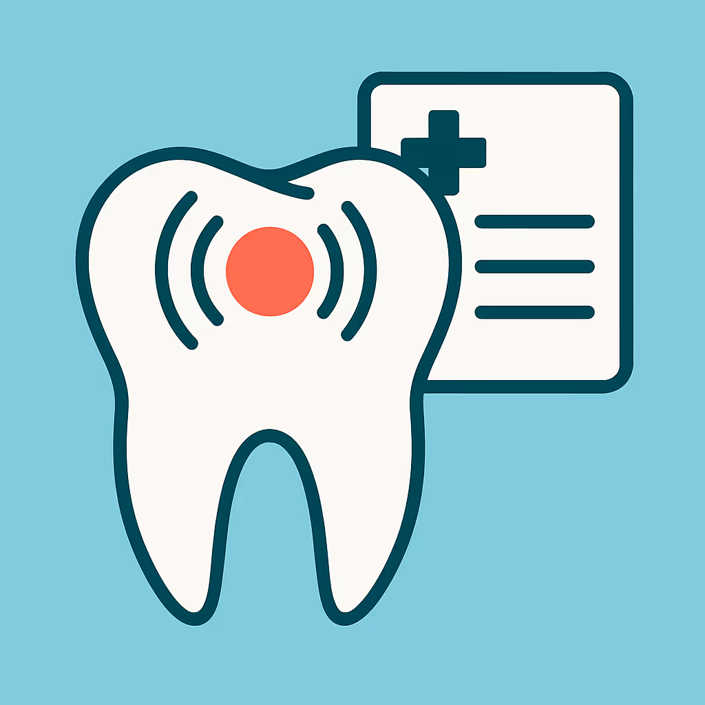 white stylized tooth with red circular pain marker in its center and curved lines indicating sensitivity next to a medical record card showing a cross symbol and horizontal data lines on a light blue background